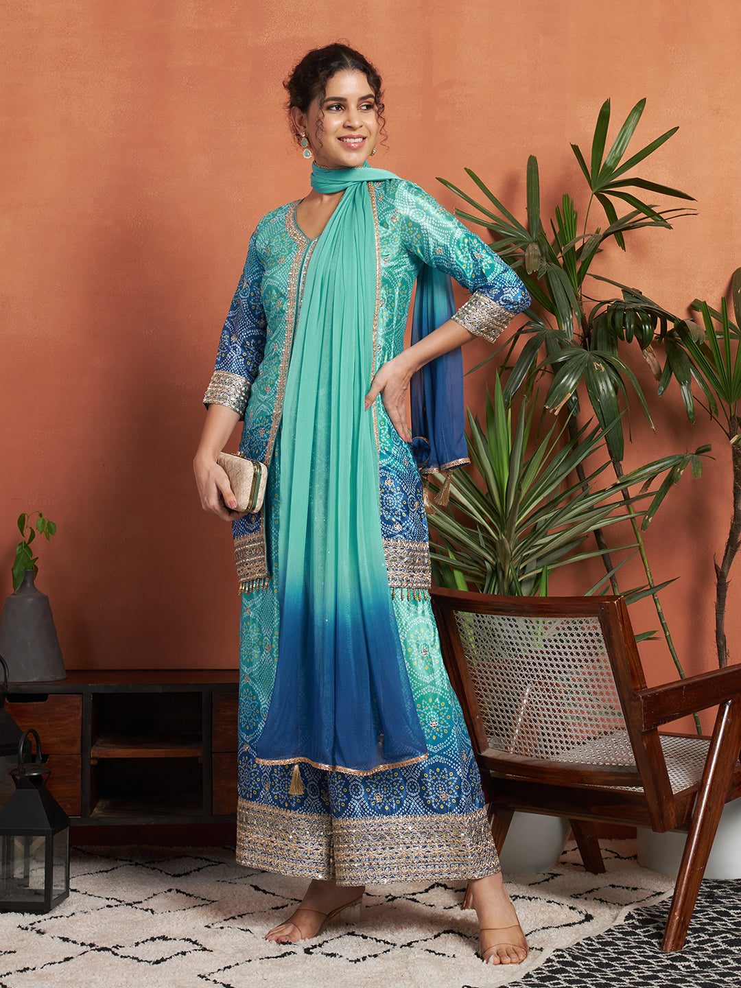 Women's Bandhani Printed Silk Blend Kurta and Palazzo Set