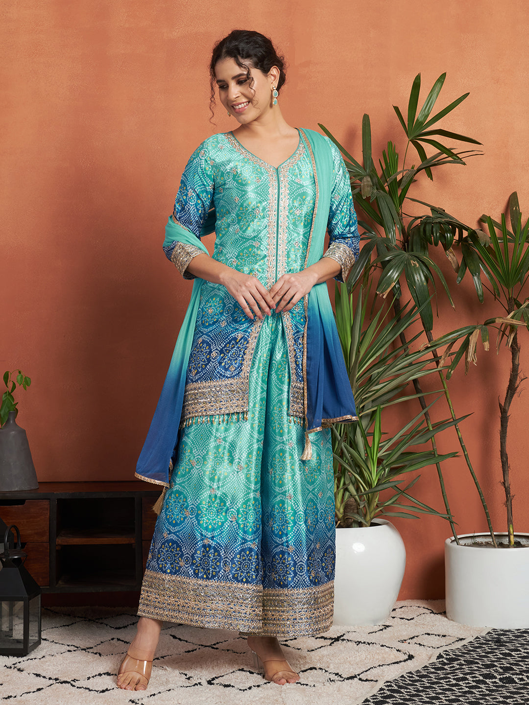 Women's Bandhani Silk Blend Kurta and Palazzo Set
