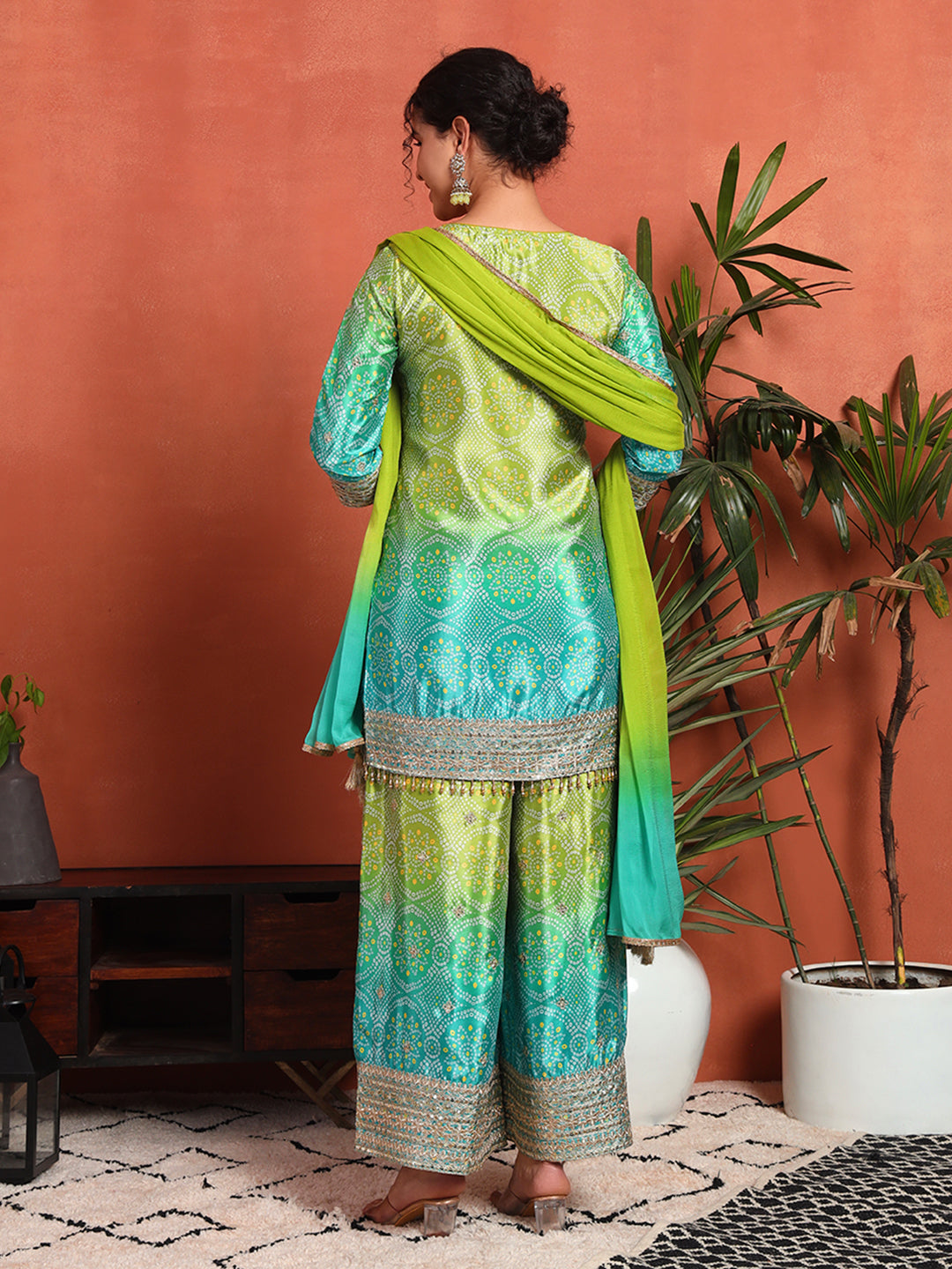 Women's Bandhani Silk Blend Kurta and Palazzo Set