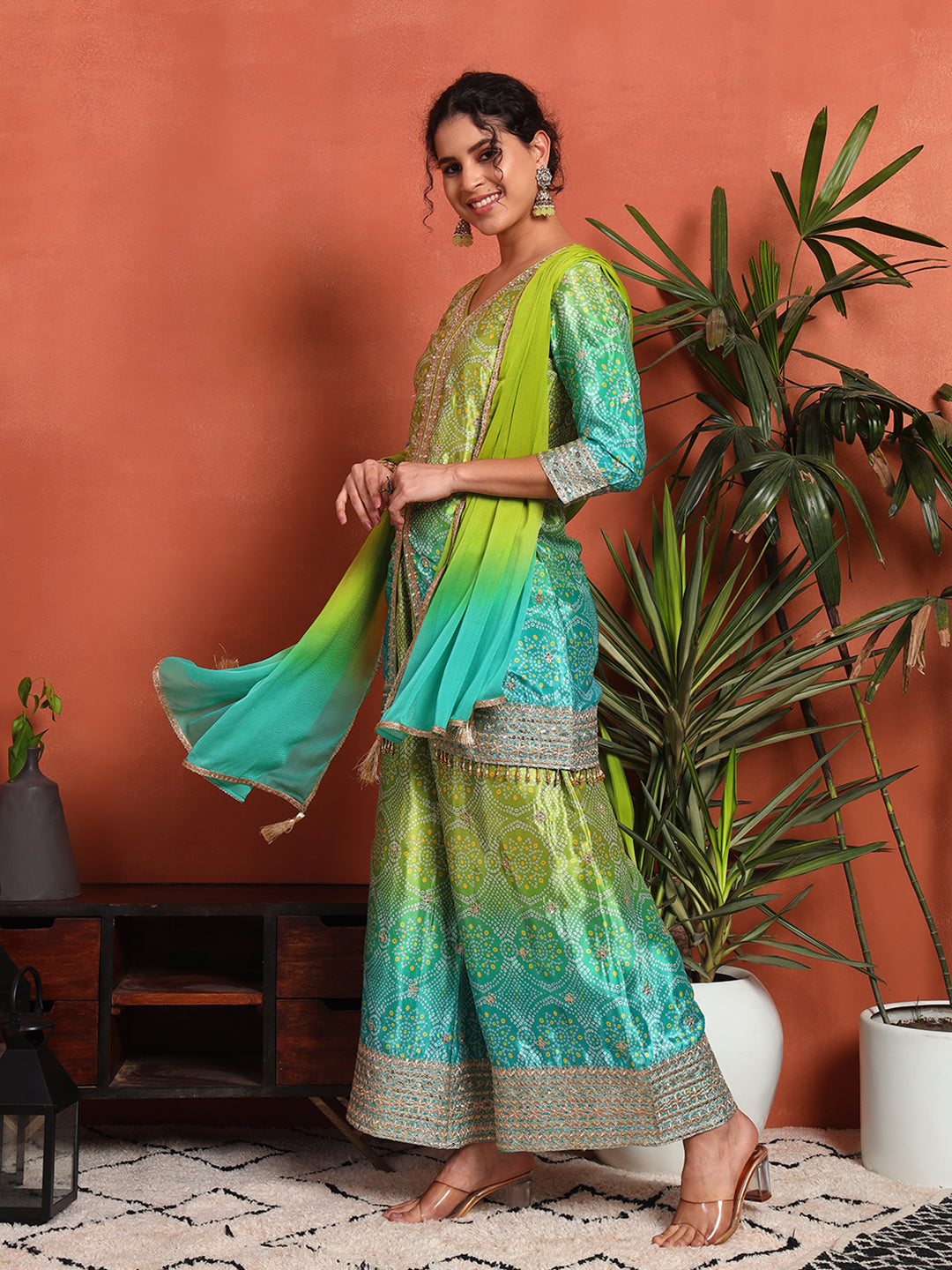 Women's Bandhani Silk Blend Kurta and Palazzo Set