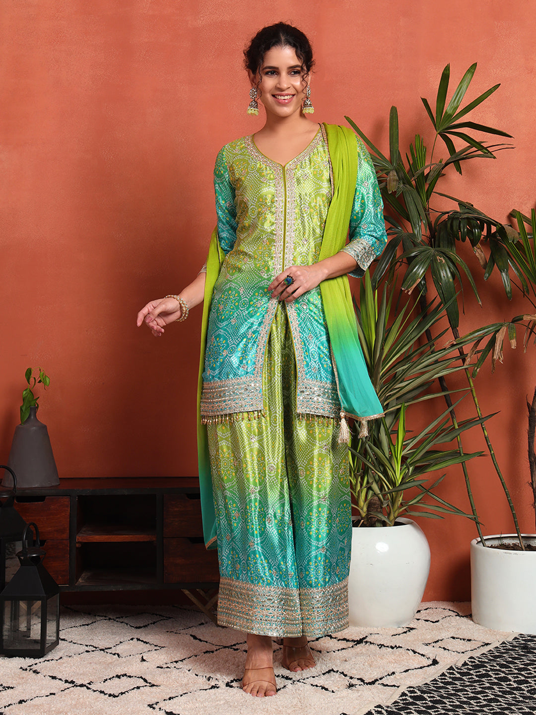 Women's Bandhani Silk Blend Kurta and Palazzo Set
