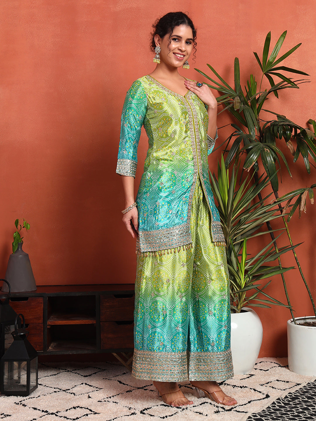 Women's Bandhani Silk Blend Kurta and Palazzo Set