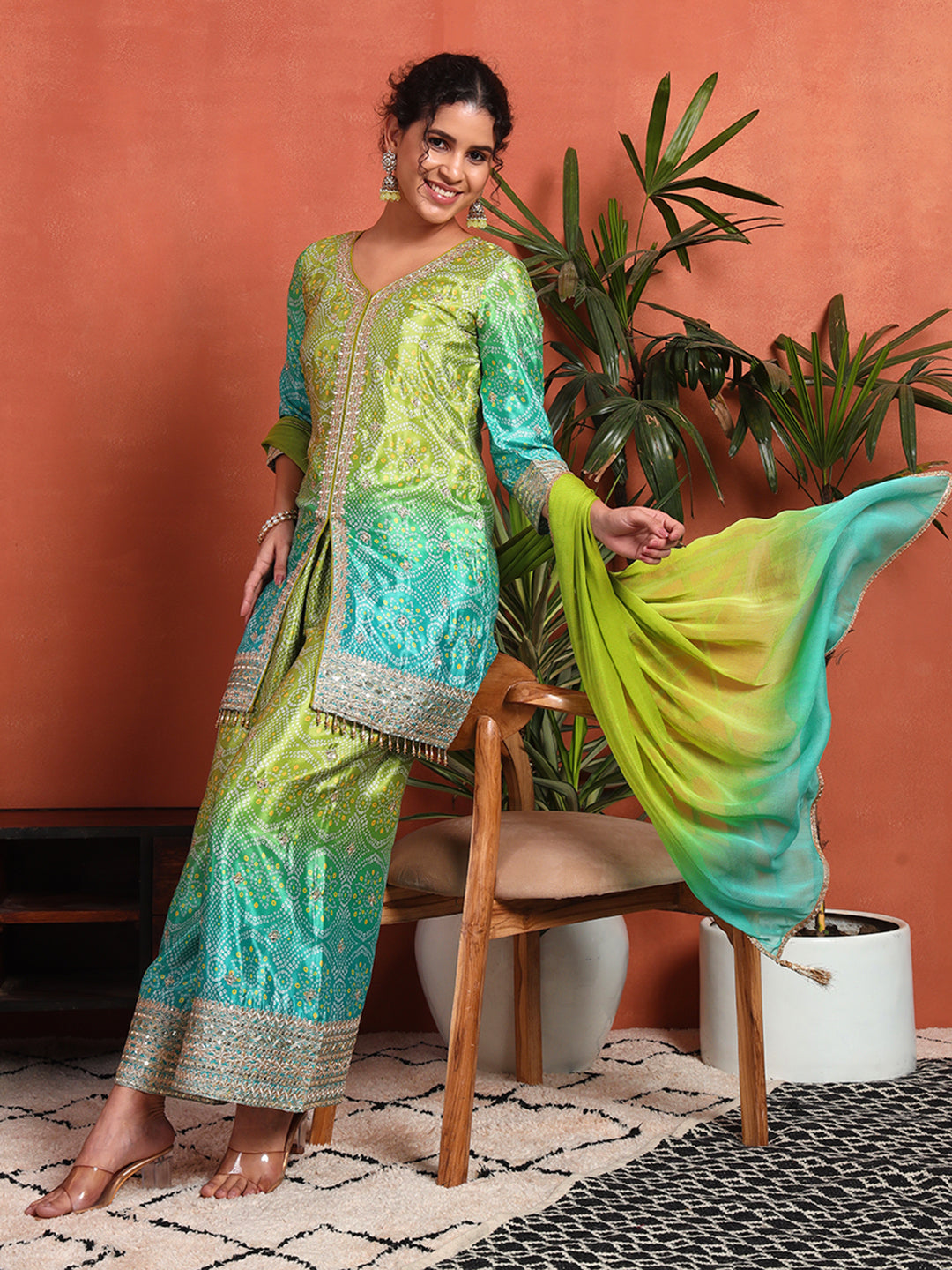 Women's Bandhani Printed Silk Blend Kurta and Palazzo Set