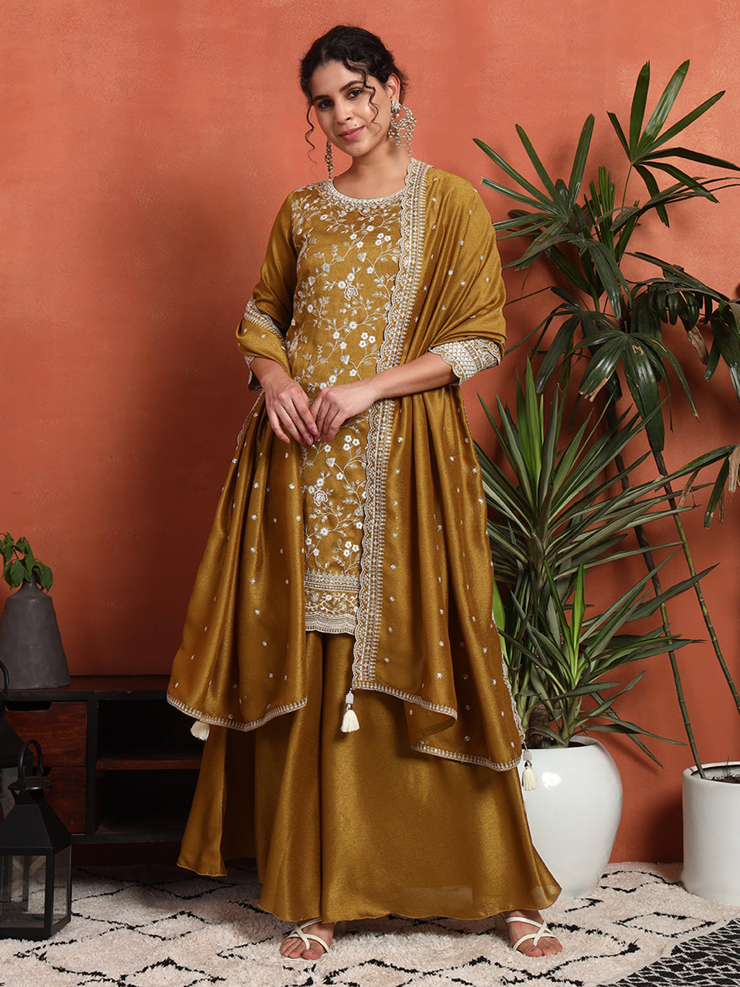 Women's Embroidered Silk Blend Kurta and Palazzo Set