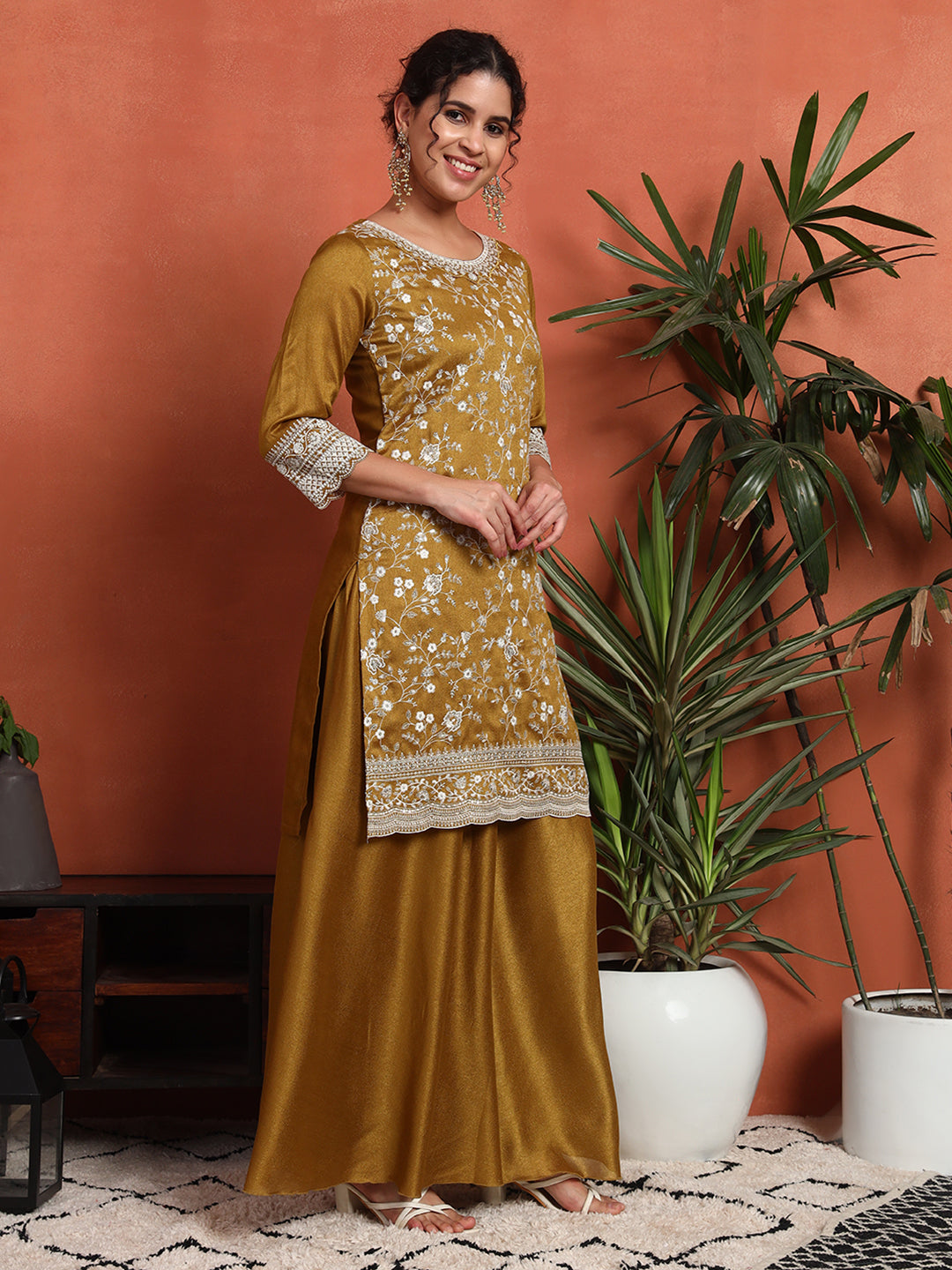 Women's Embroidered Silk Blend Kurta and Palazzo Set