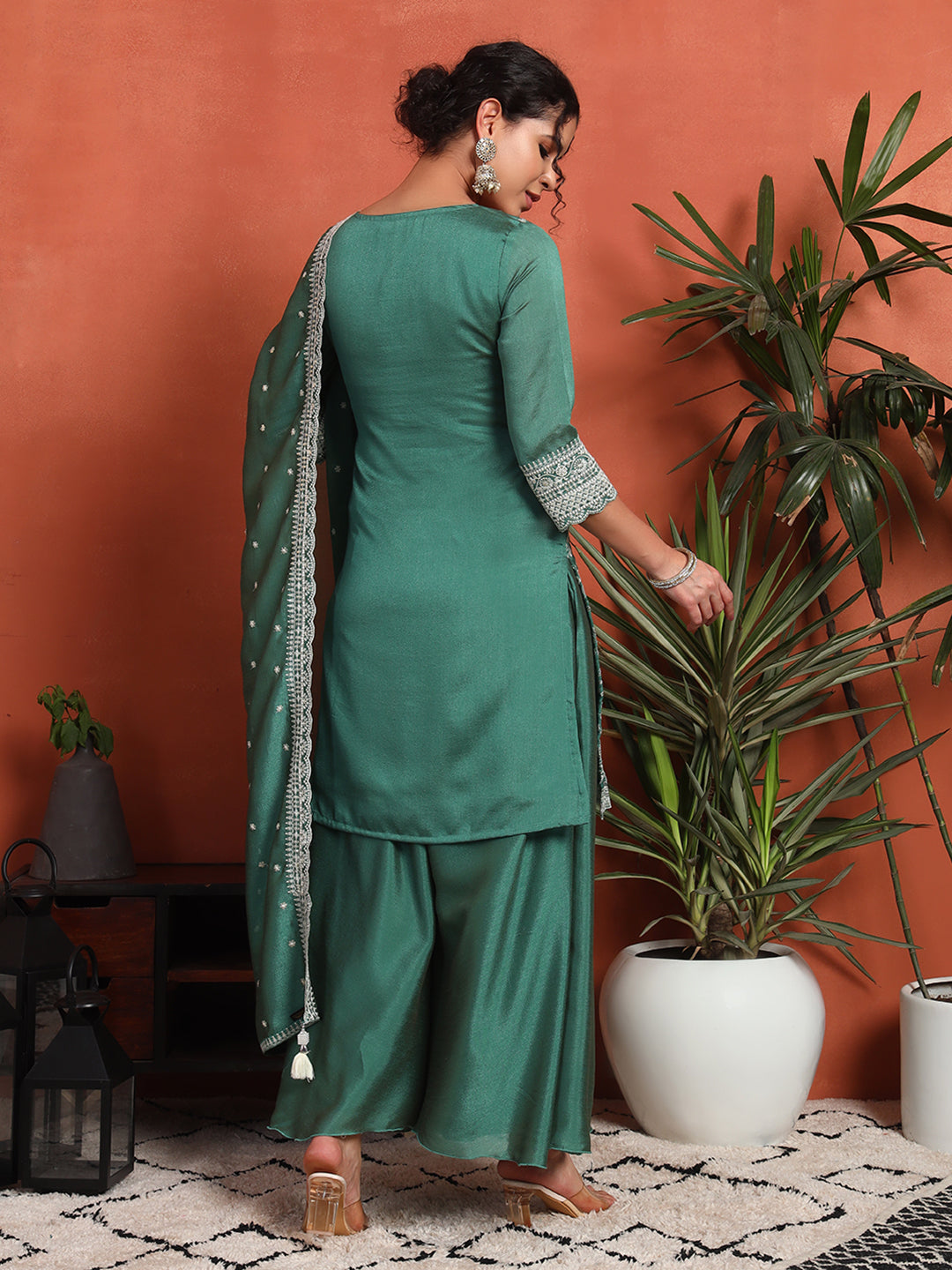 Women's Embroidered Silk Blend Kurta and Palazzo Set