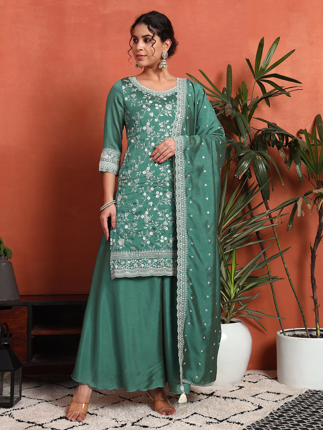 Women's Embroidered Silk Blend Kurta and Palazzo Set