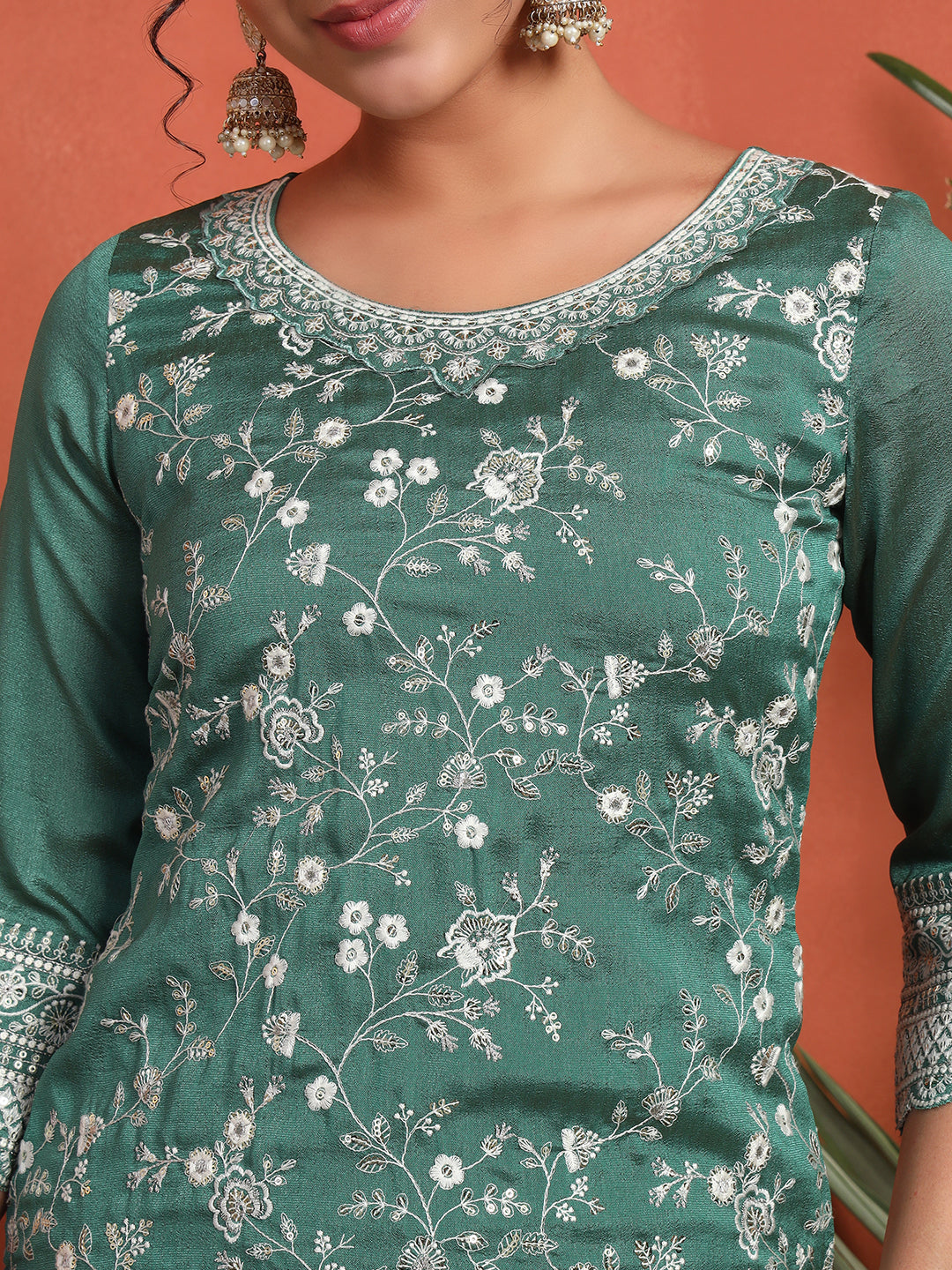 Women's Embroidered Silk Blend Kurta and Palazzo Set