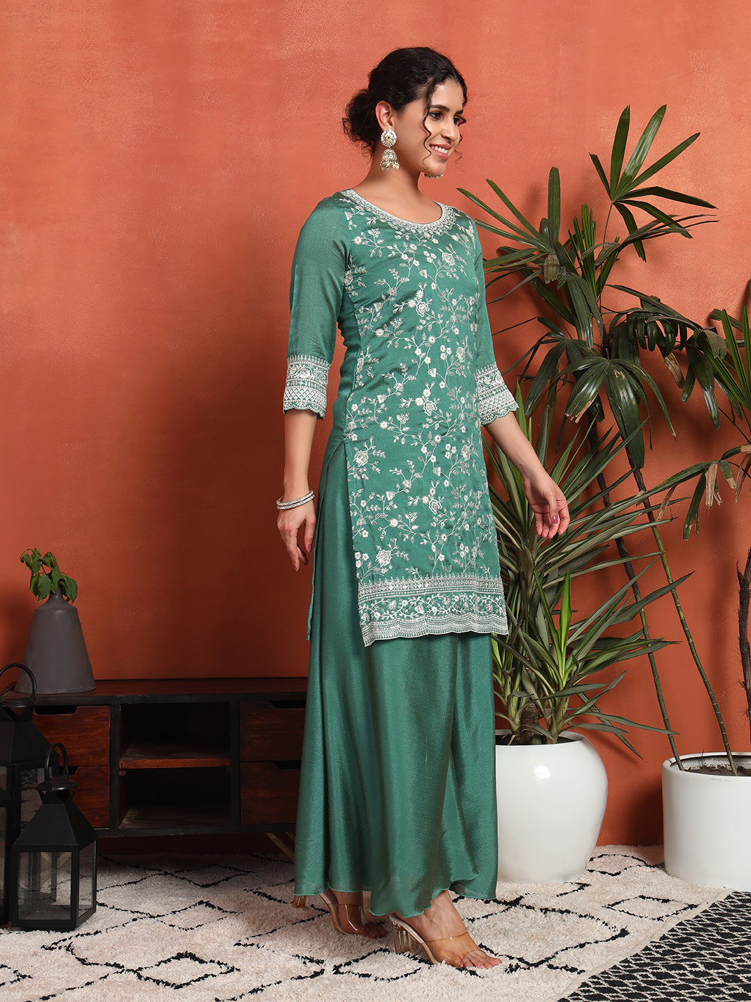Women's Embroidered Silk Blend Kurta and Palazzo Set