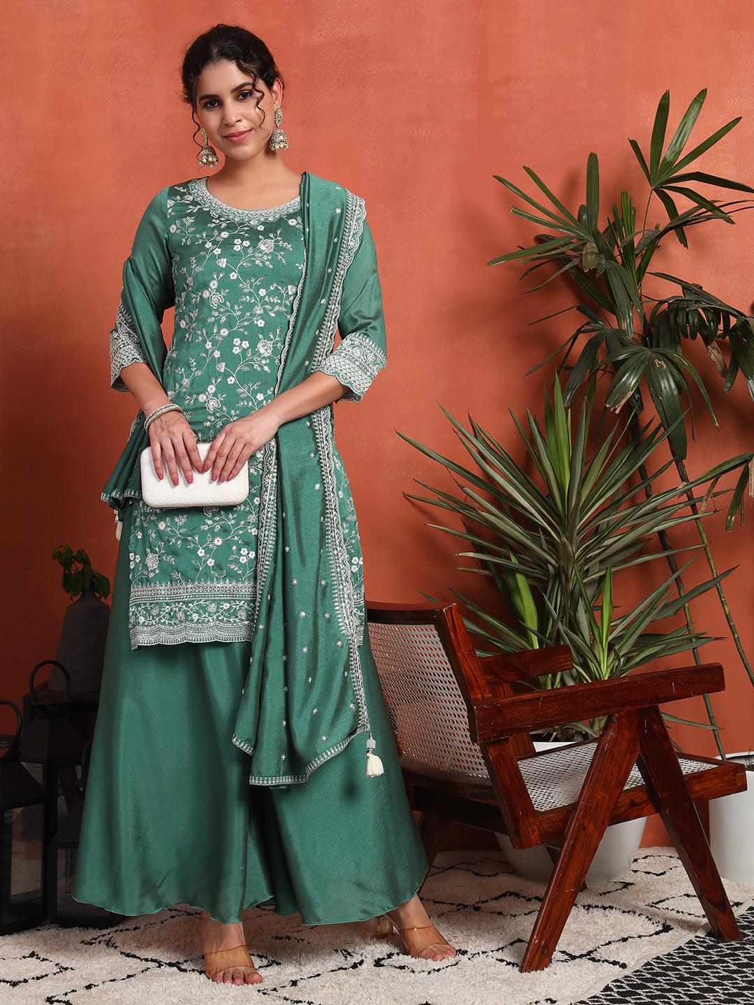 Women's Embroidered Silk Blend Kurta and Palazzo Set