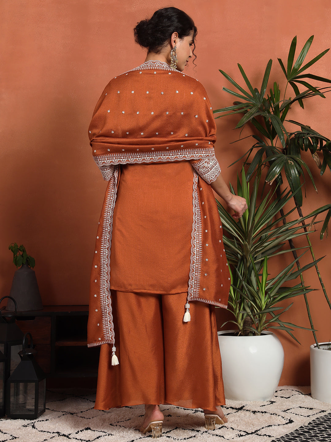 Women's Embroidered Silk Blend Kurta and Palazzo Set