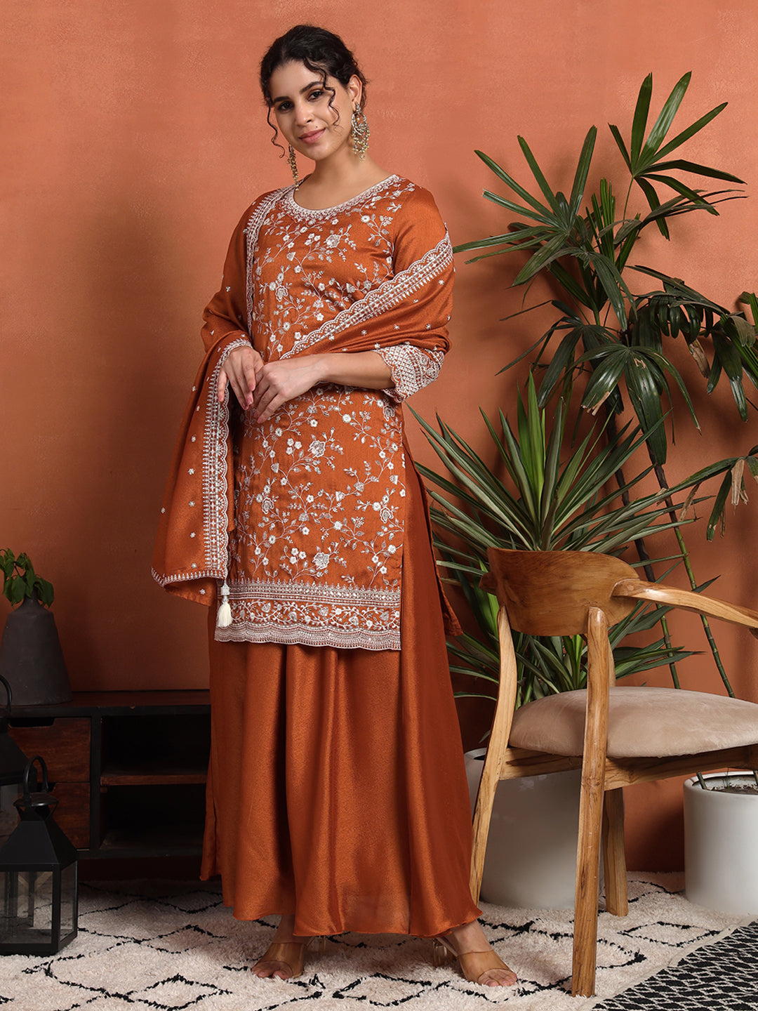Women's Embroidered Silk Blend Kurta and Palazzo Set