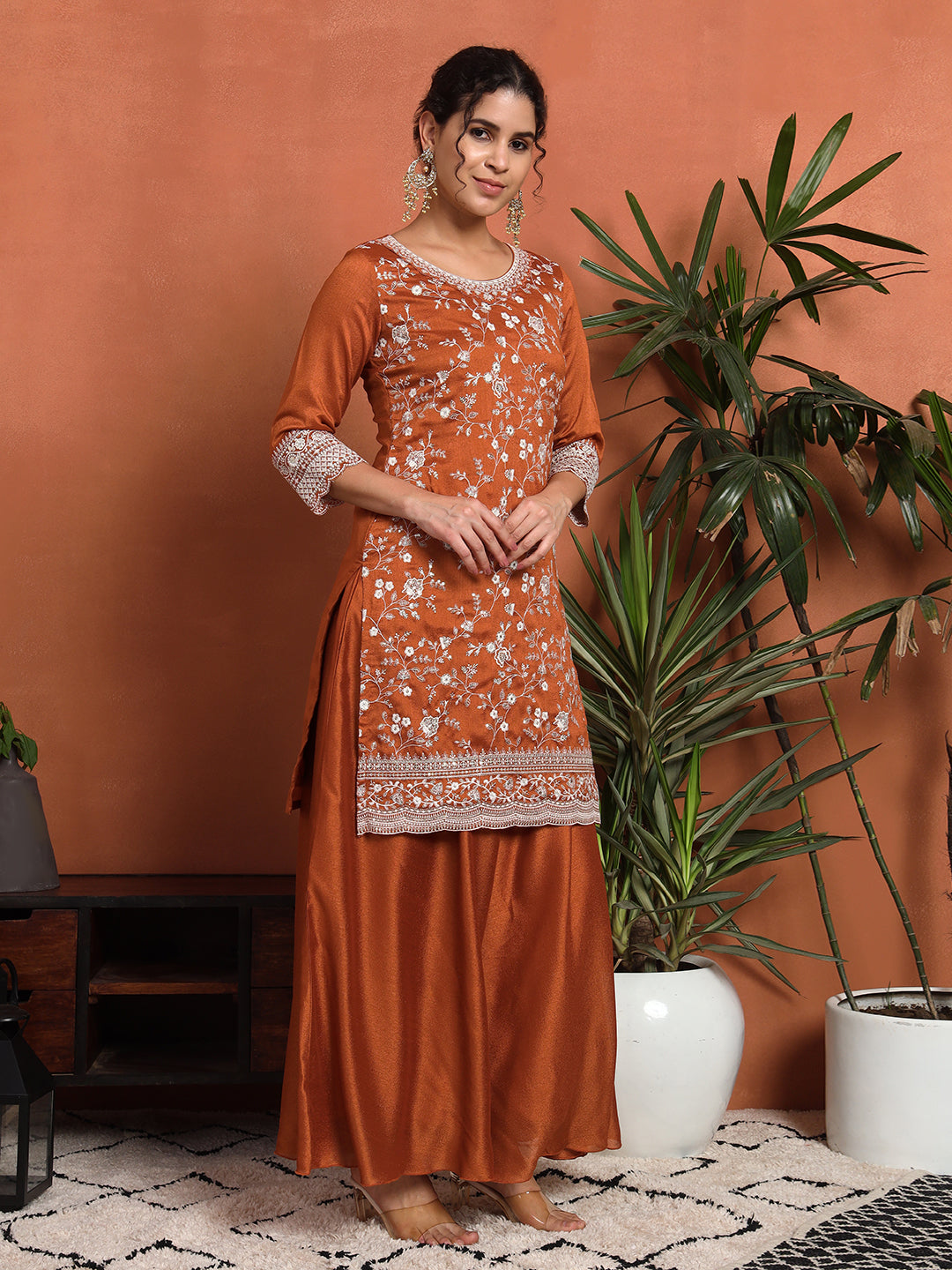 Women's Embroidered Silk Blend Kurta and Palazzo Set