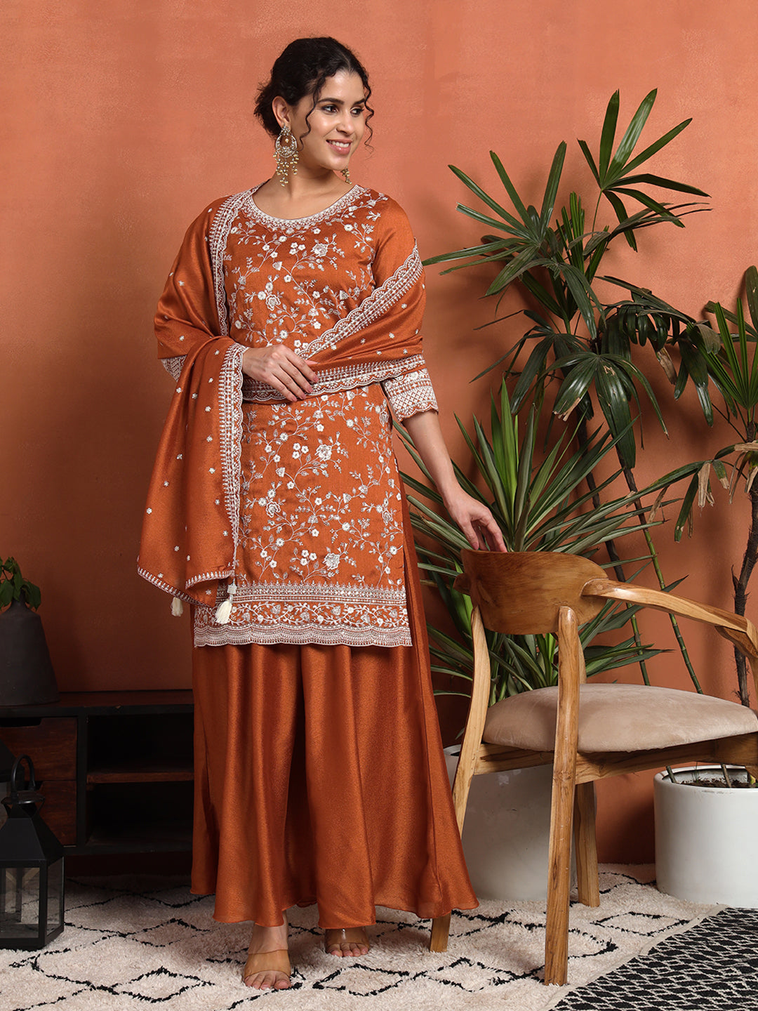 Women's Embroidered Silk Blend Kurta and Palazzo Set