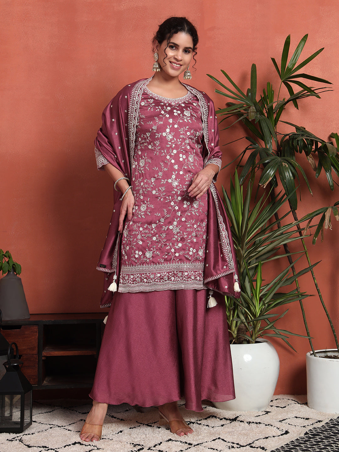 Women's Embroidered Silk Blend Kurta and Palazzo Set