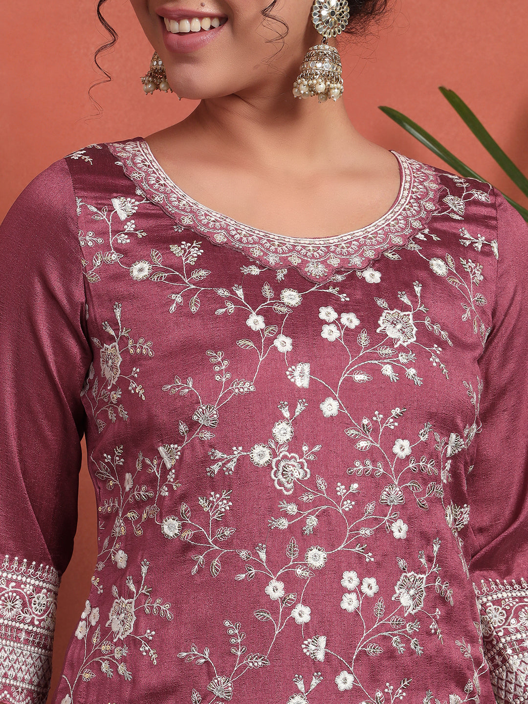 Women's Embroidered Silk Blend Kurta and Palazzo Set