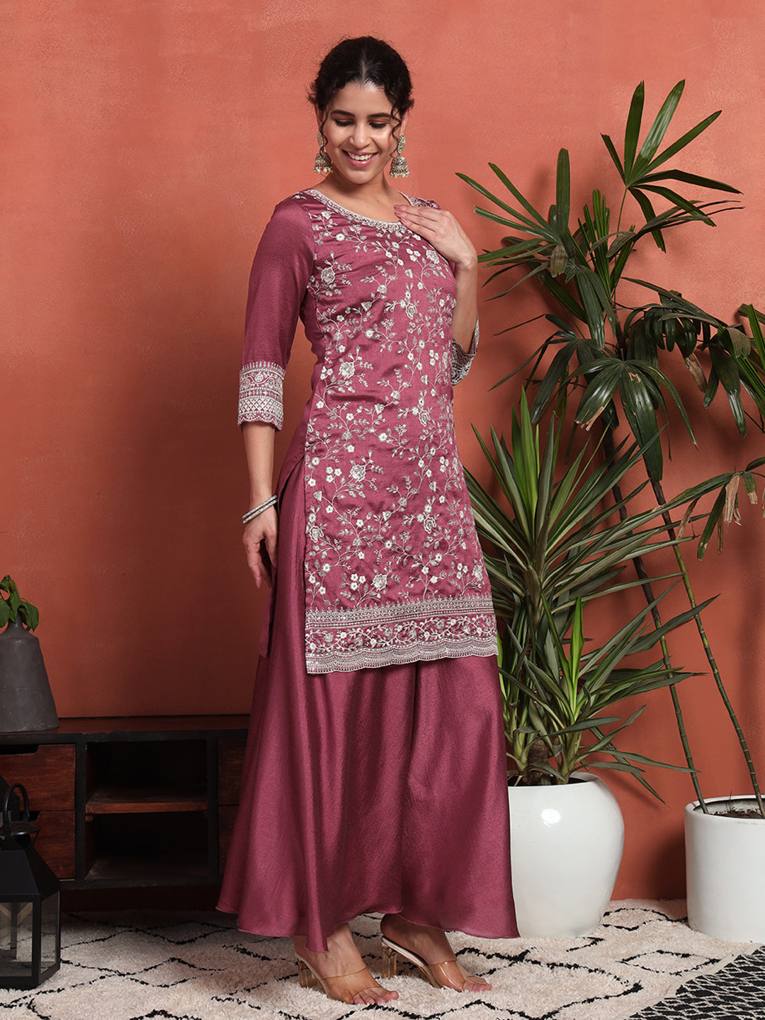 Women's Embroidered Silk Blend Kurta and Palazzo Set