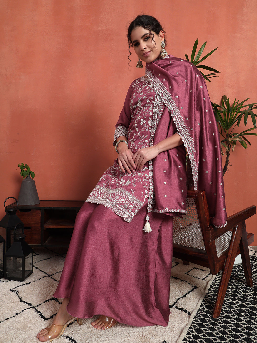 Women's Embroidered Silk Blend Kurta and Palazzo Set
