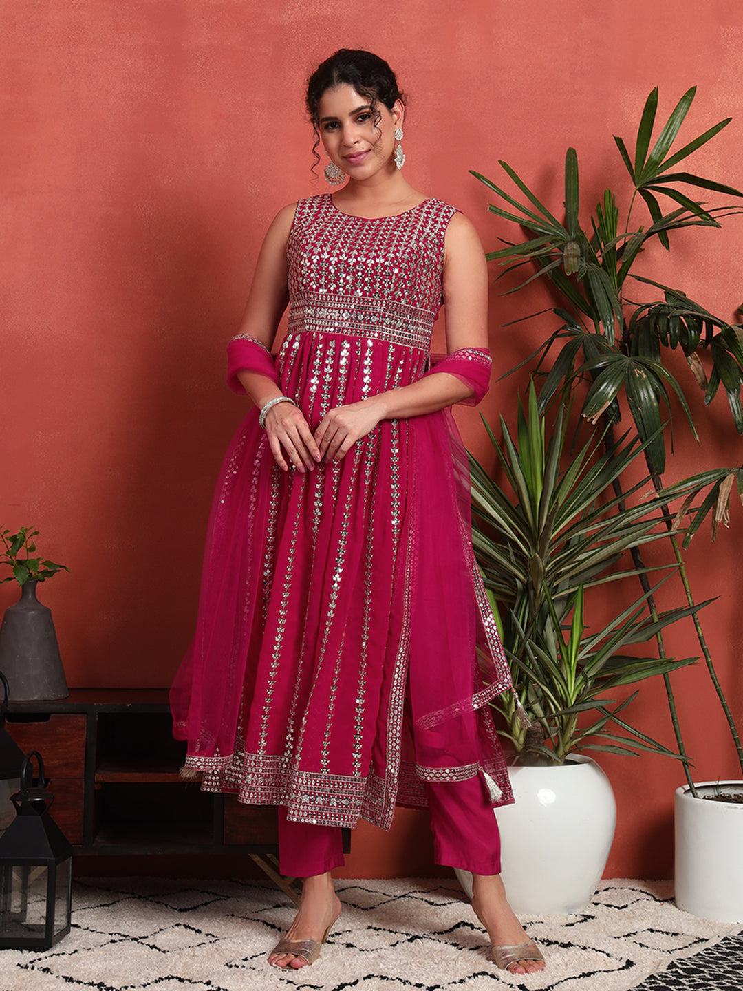 Women's Silver Embellished Georgette Kurta, Pyjama & Dupatta Set