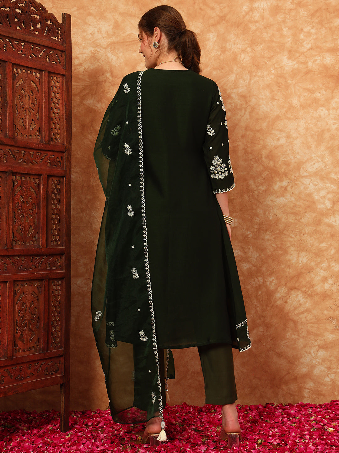 Women's Embroidered Silk Kurta, Pyjama & Dupatta Set