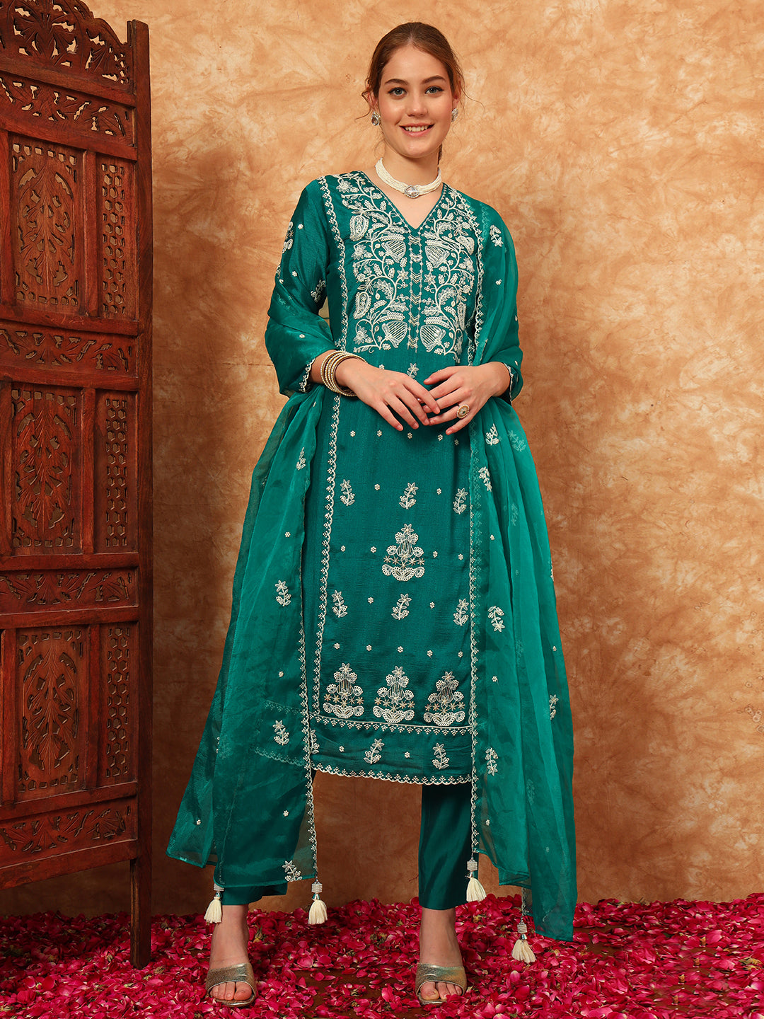 Women's Embroidered Silk Kurta, Pyjama & Dupatta Set