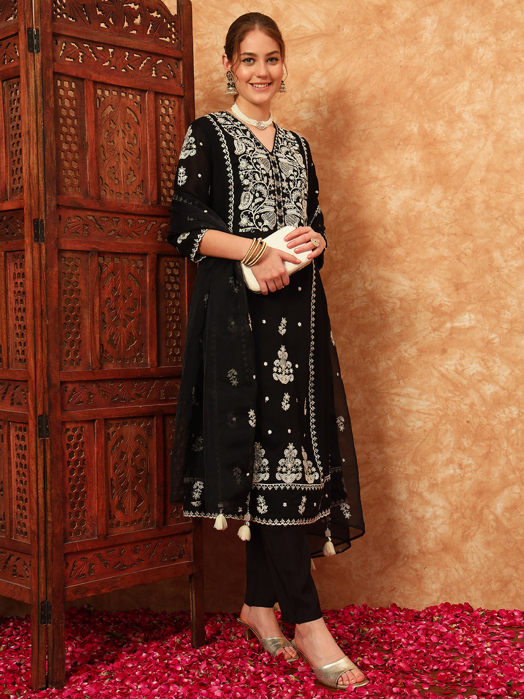 Women's Embroidered Silk Kurta, Pyjama & Dupatta Set