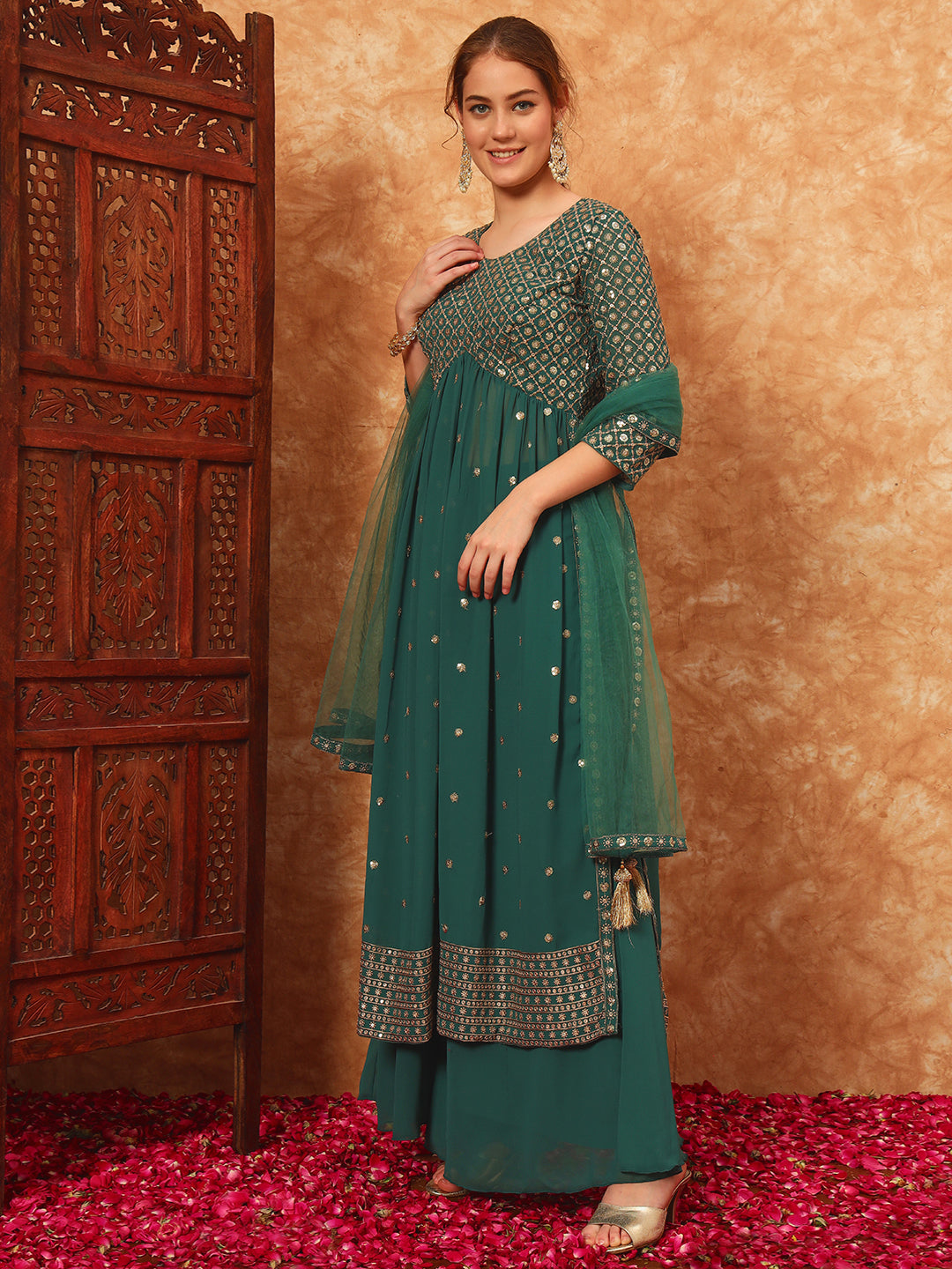 Women's Embroidered Georgette Kurta and Palazzo Set With Dupatta