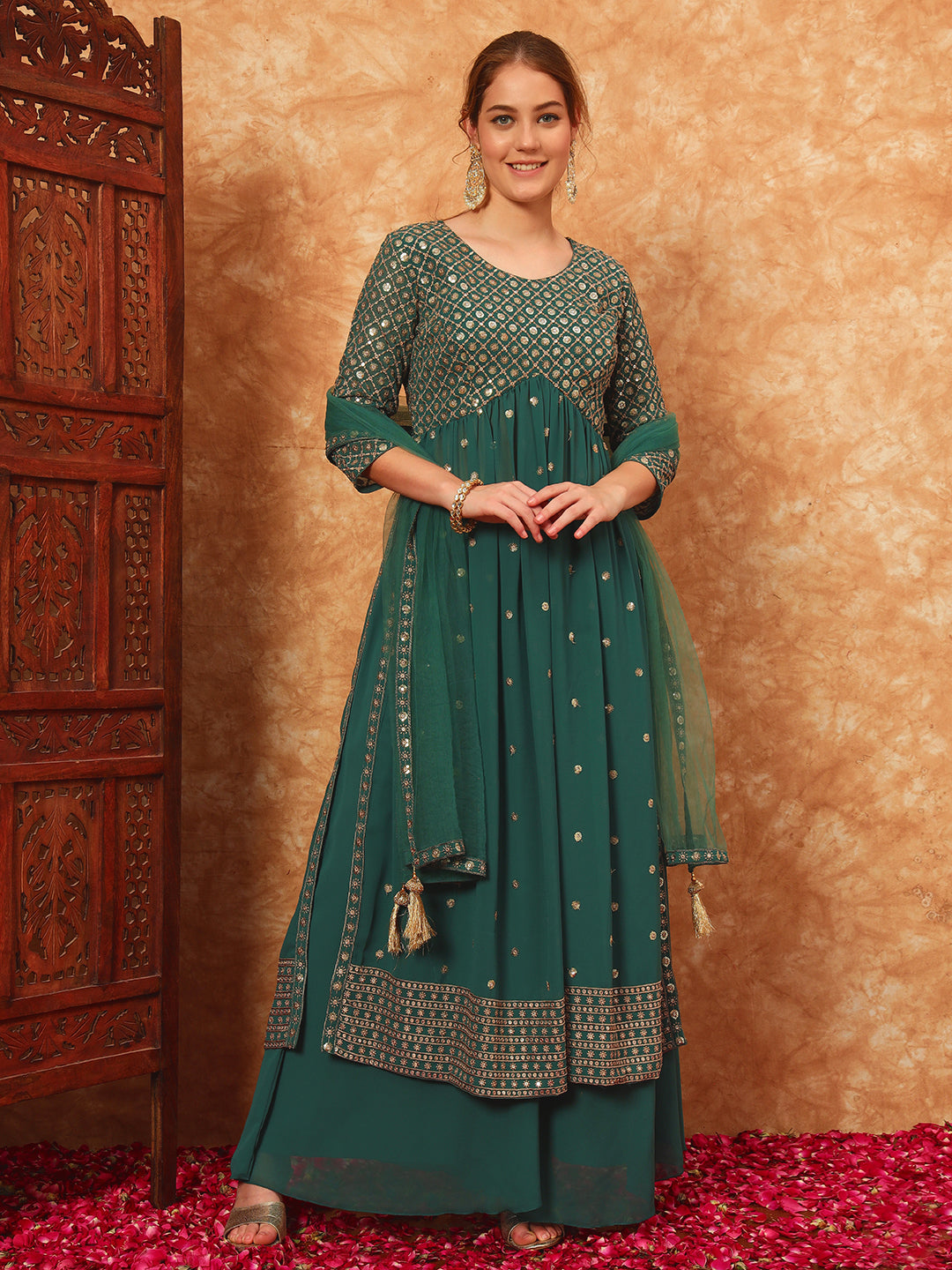 Women's Embroidered Georgette Kurta and Palazzo Set With Dupatta