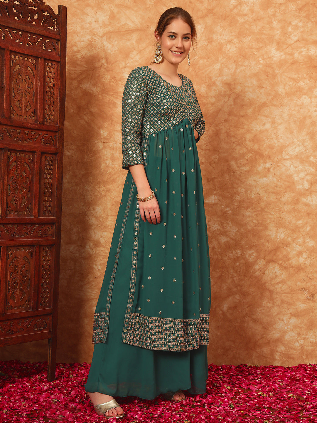 Women's Embroidered Georgette Kurta and Palazzo Set With Dupatta