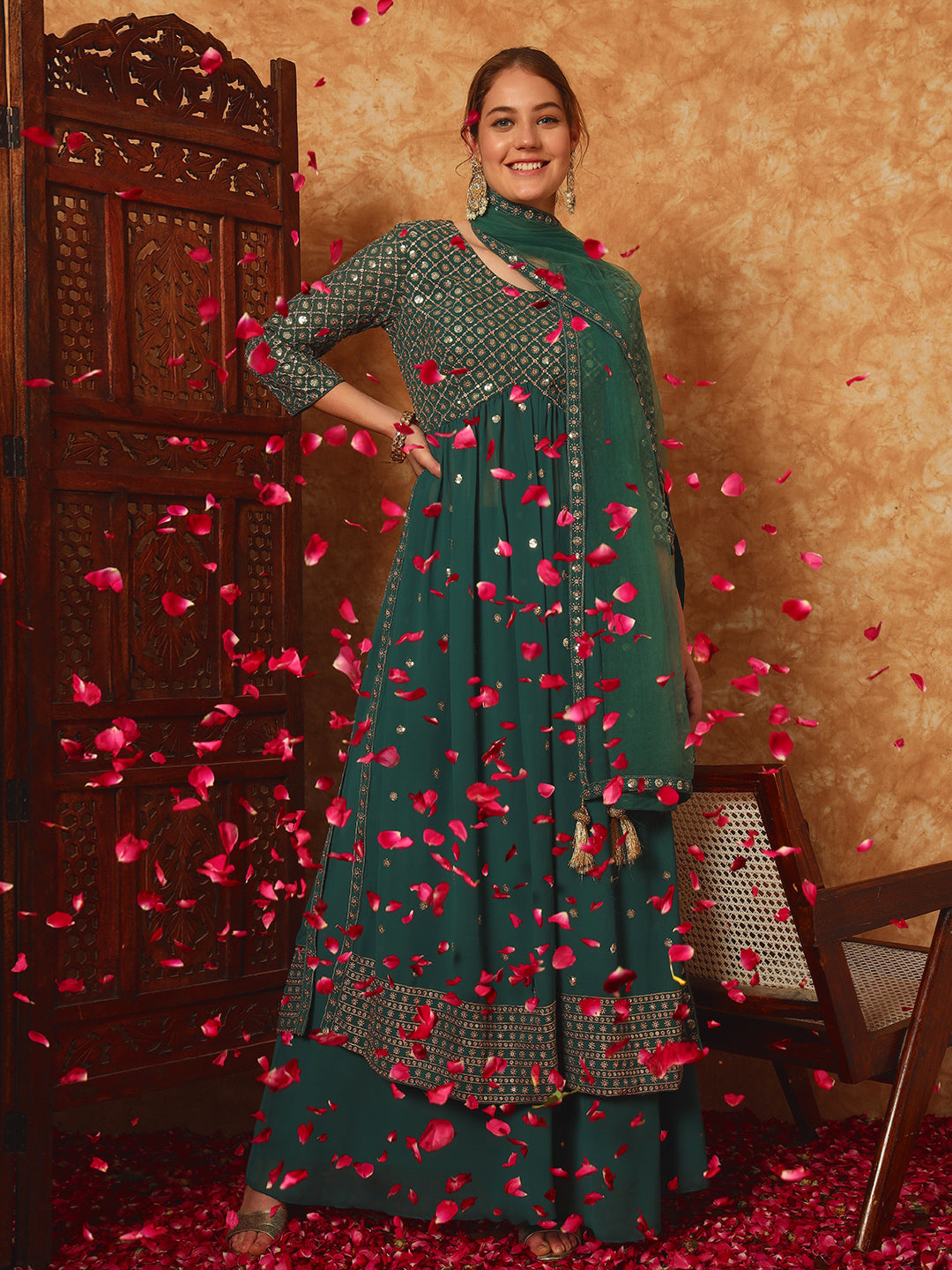 Women's Embroidered Georgette Kurta and Palazzo Set With Dupatta