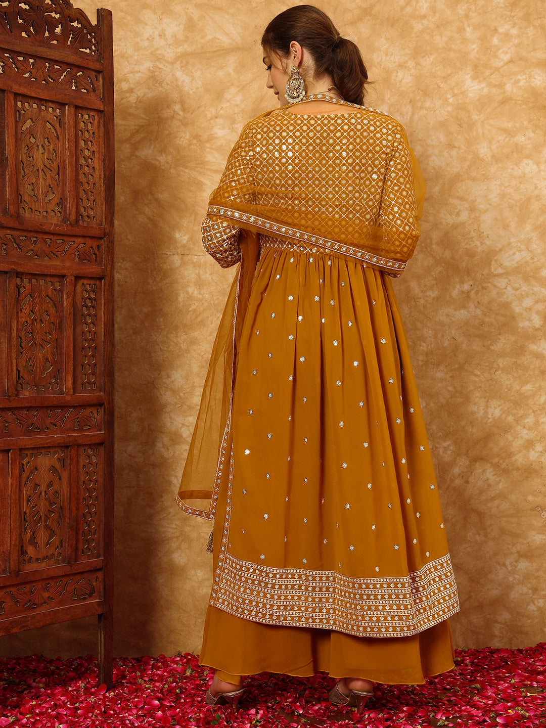 Women's Embroidered Georgette Kurta and Palazzo Set With Dupatta