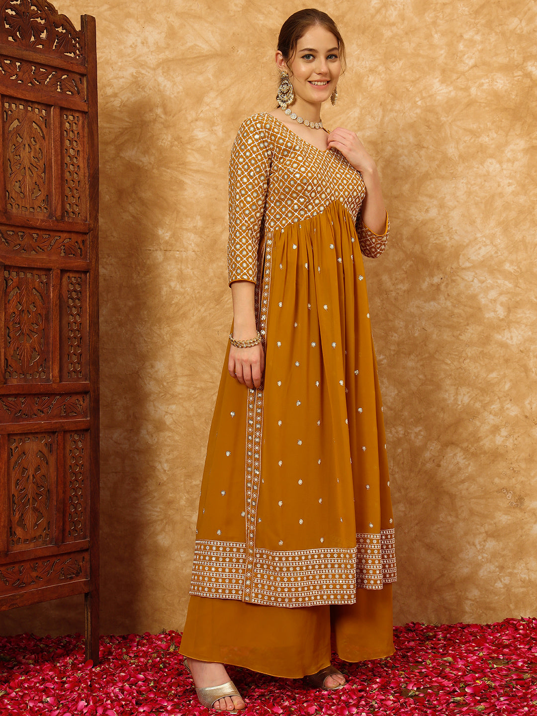 Women's Embroidered Georgette Kurta and Palazzo Set With Dupatta