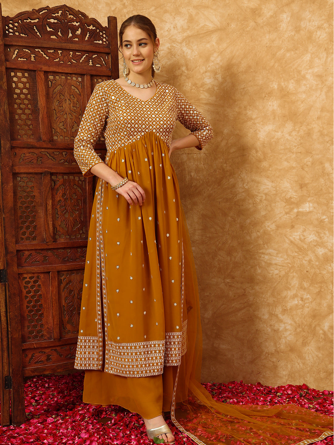 Women's Embroidered Georgette Kurta and Palazzo Set With Dupatta