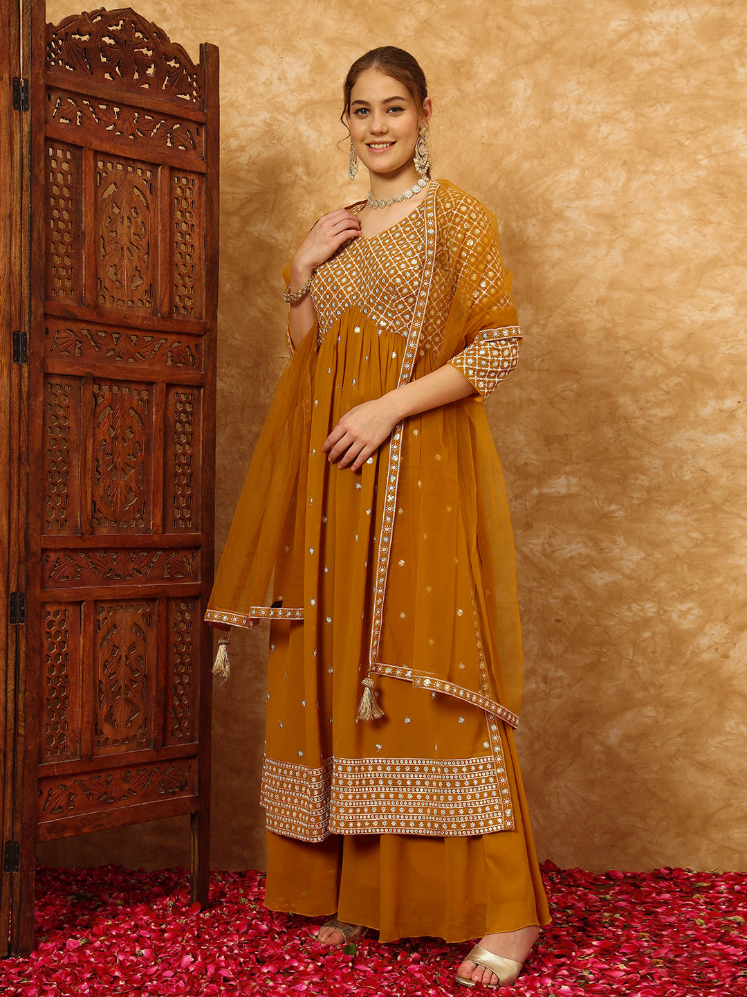 Women's Embroidered Georgette Kurta and Palazzo Set With Dupatta