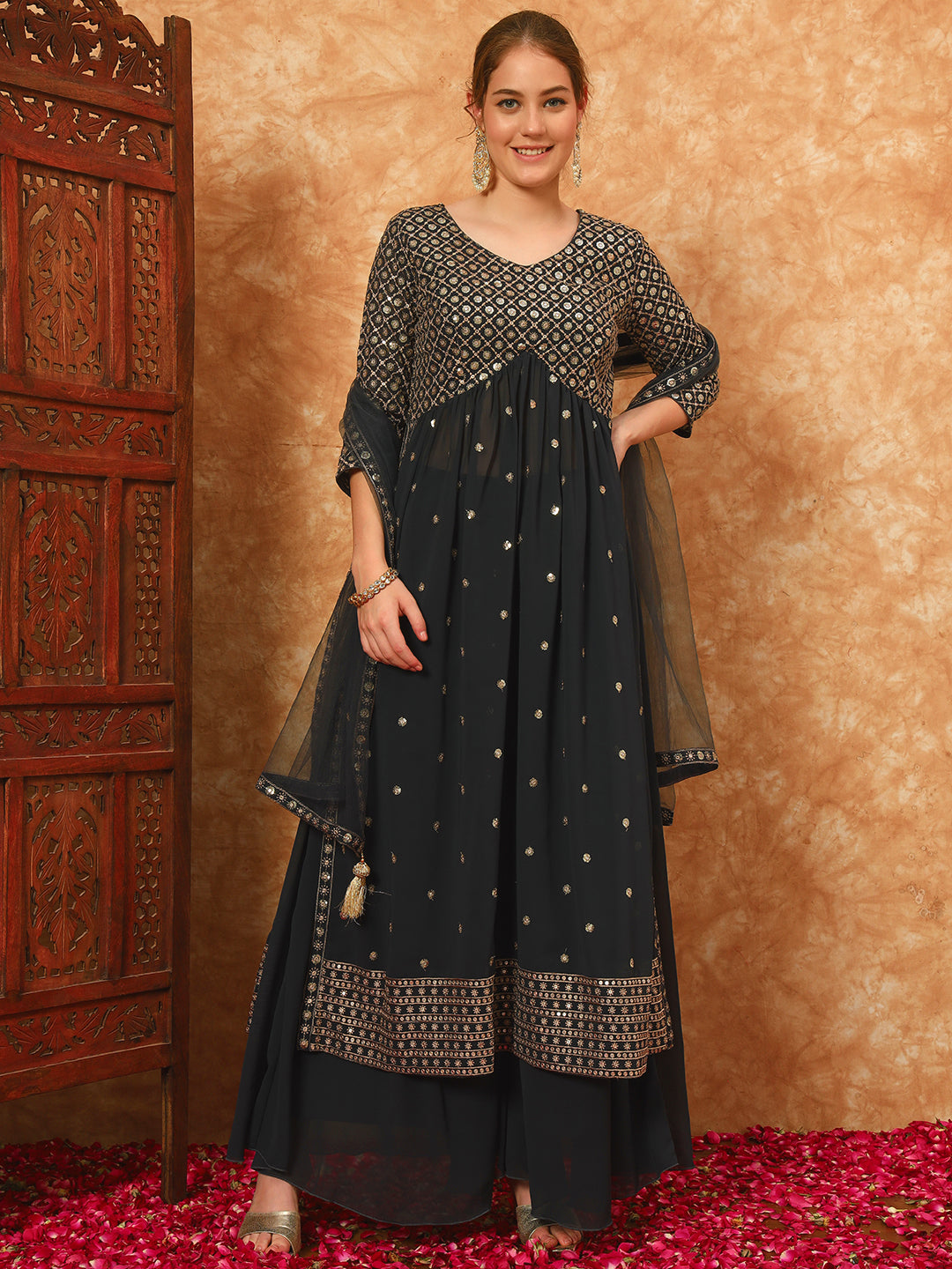 Women's Embroidered Georgette Kurta and Palazzo Set With Dupatta