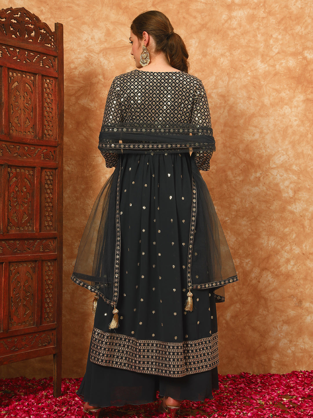 Women's Embroidered Georgette Kurta and Palazzo Set With Dupatta