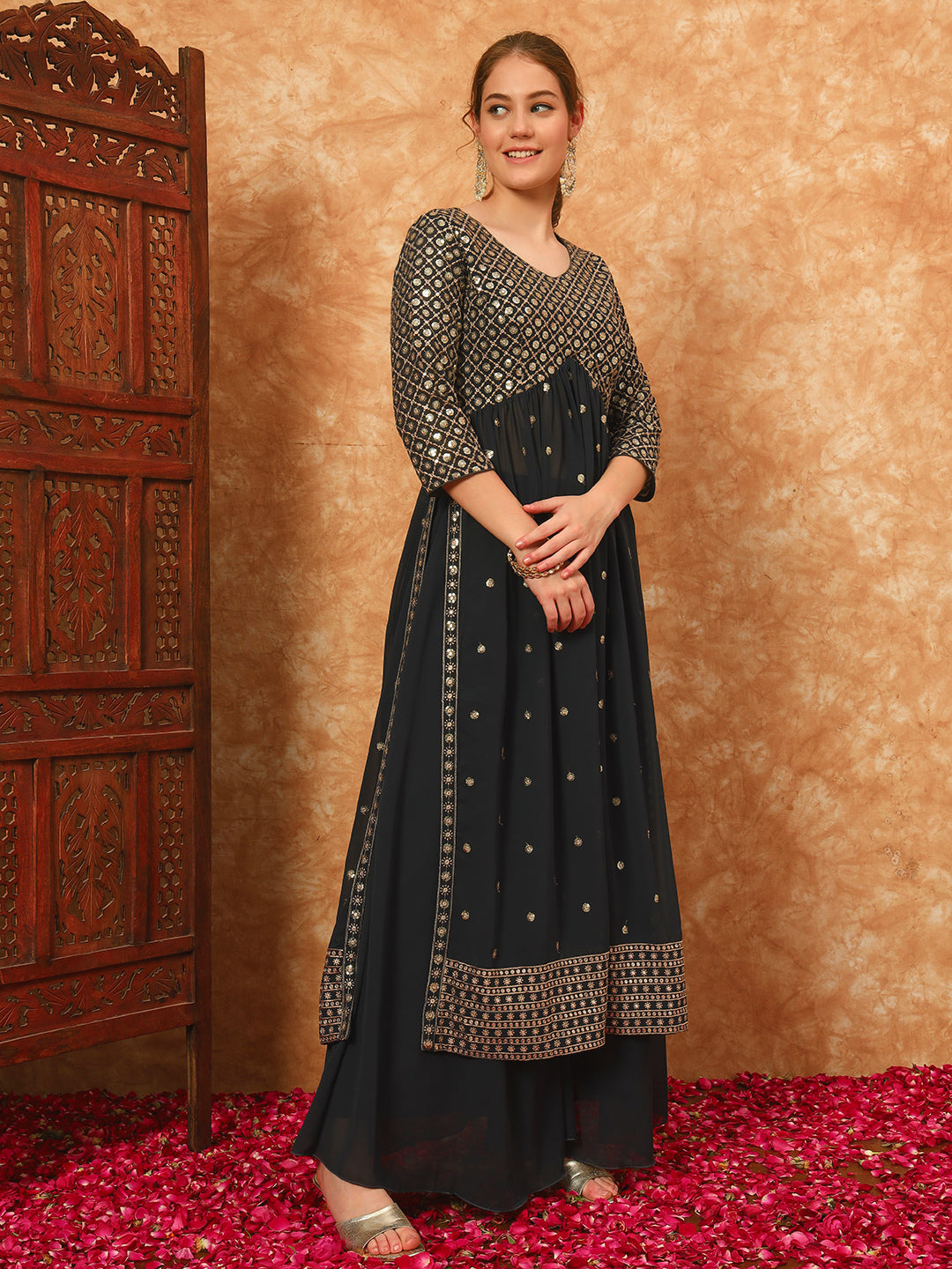 Women's Embroidered Georgette Kurta and Palazzo Set With Dupatta