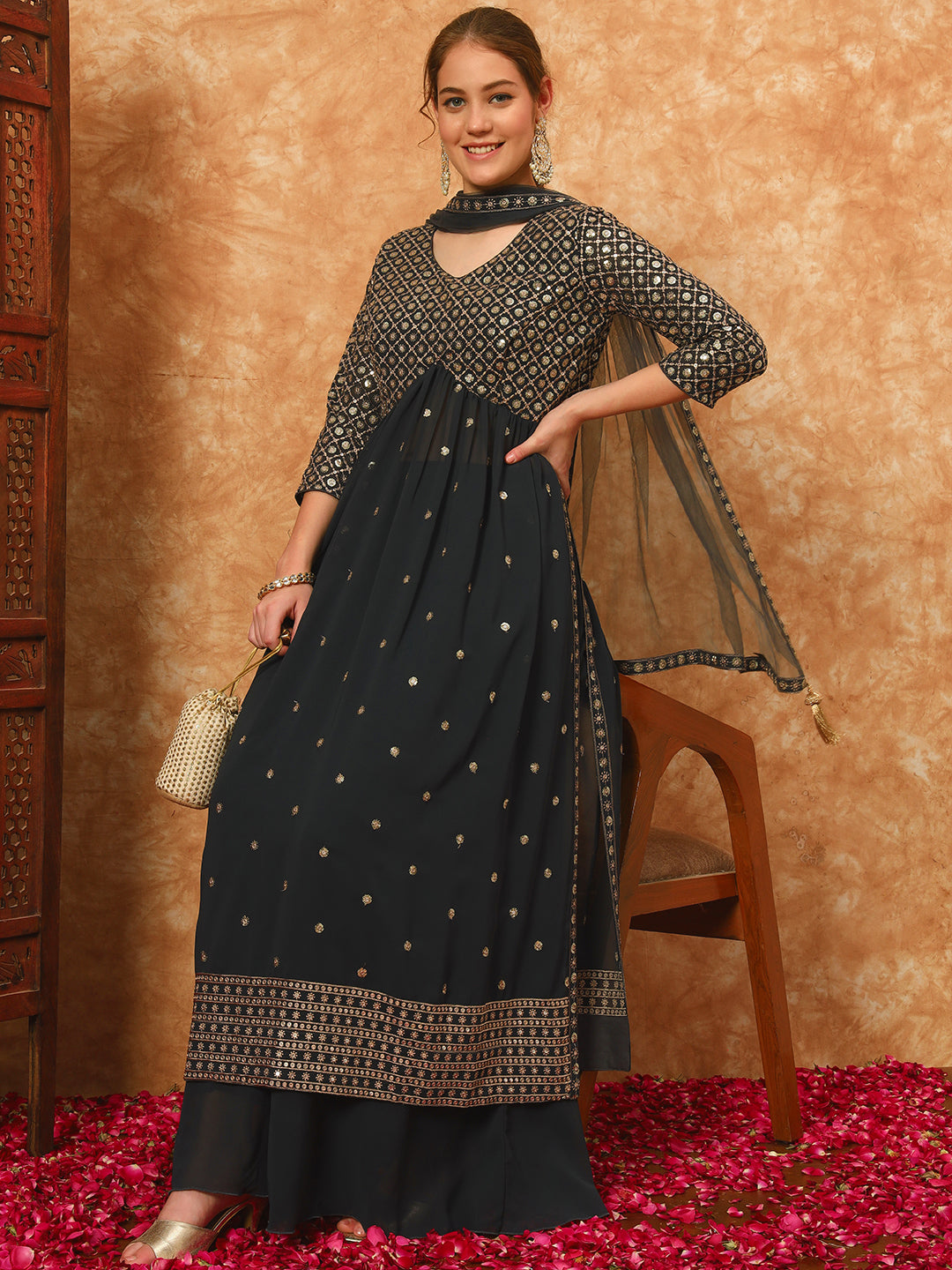 Women's Embroidered Georgette Kurta and Palazzo Set With Dupatta