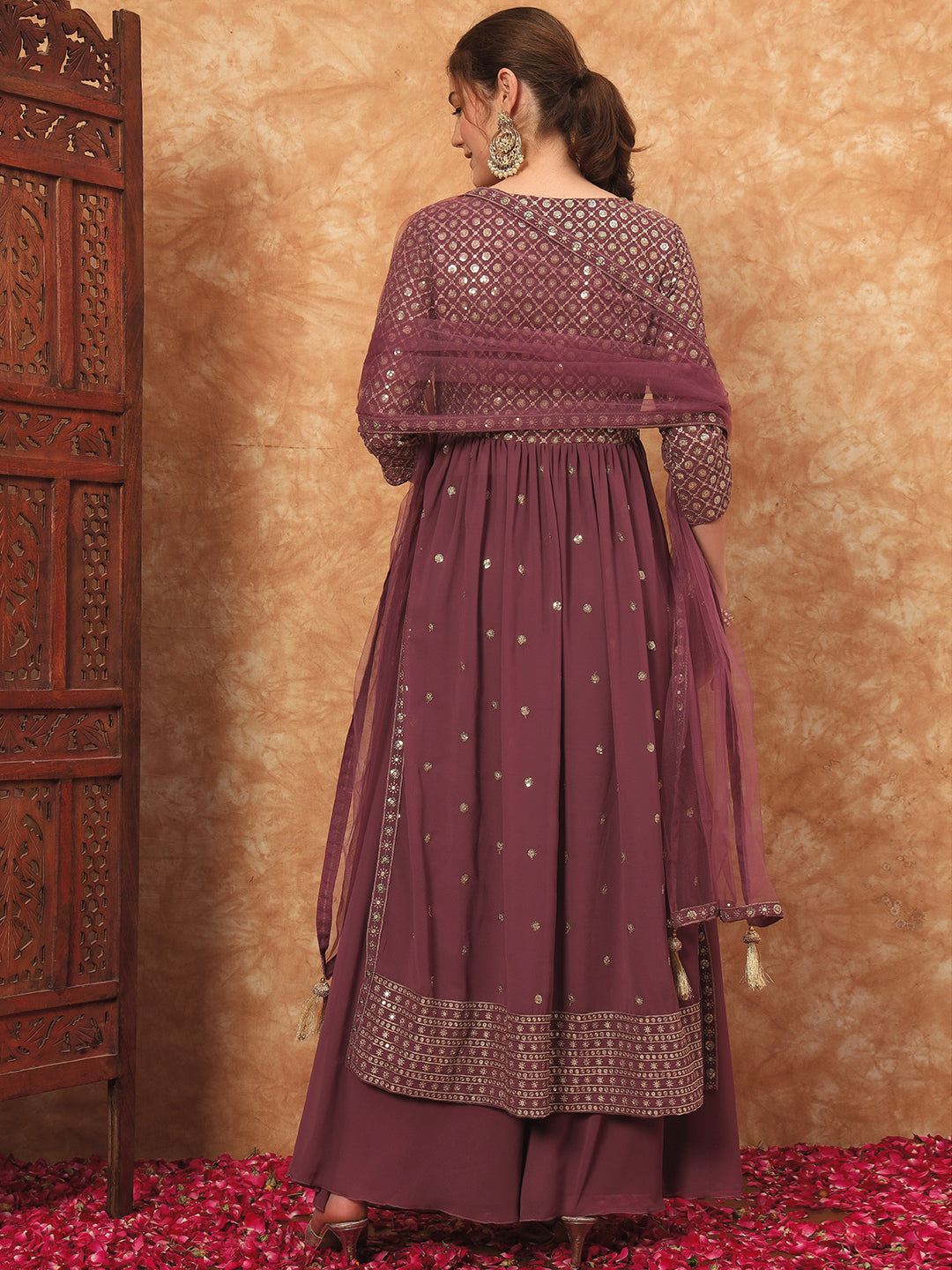 Women's Embroidered Georgette Kurta and Palazzo Set With Dupatta