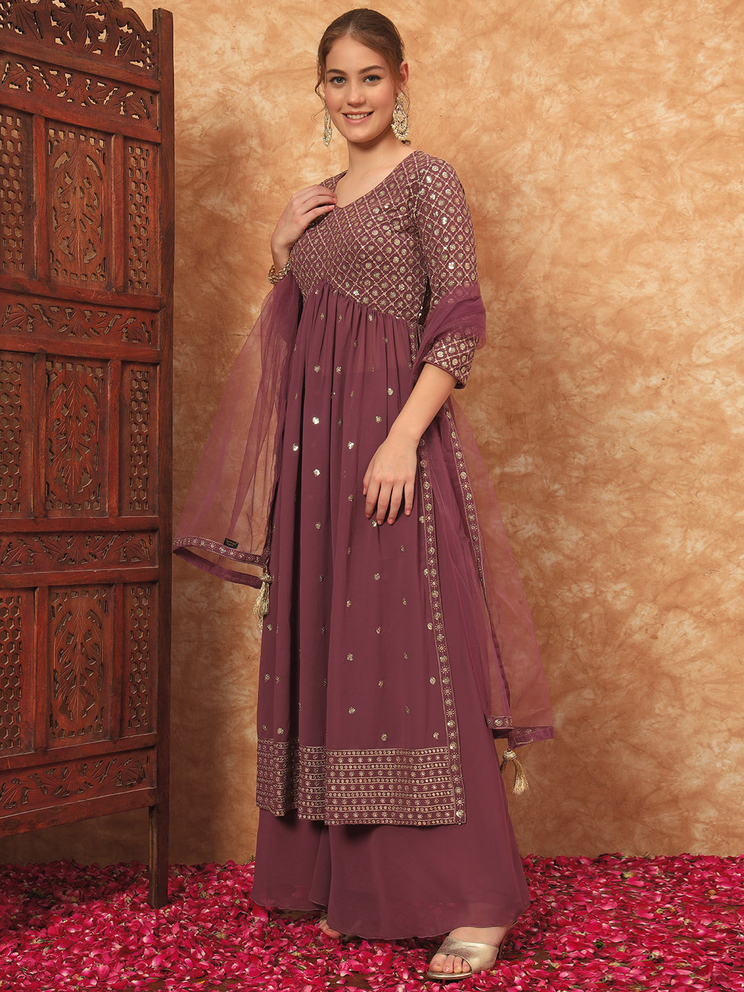 Women's Embroidered Georgette Kurta and Palazzo Set With Dupatta