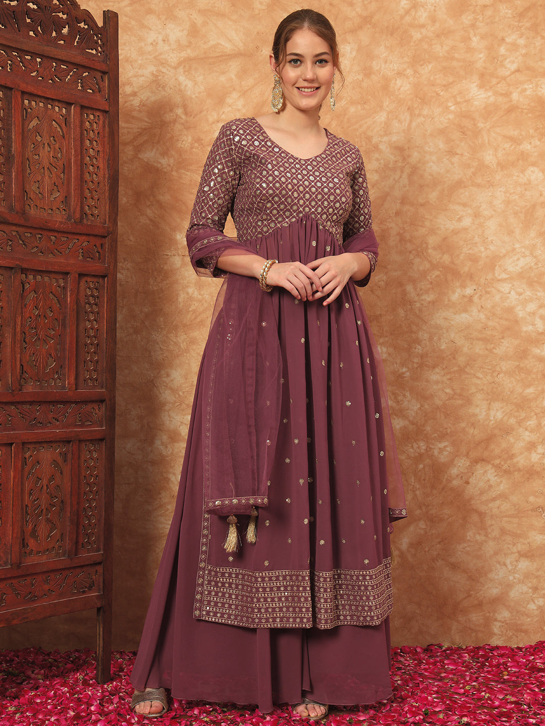 Women's Embroidered Georgette Kurta and Palazzo Set With Dupatta