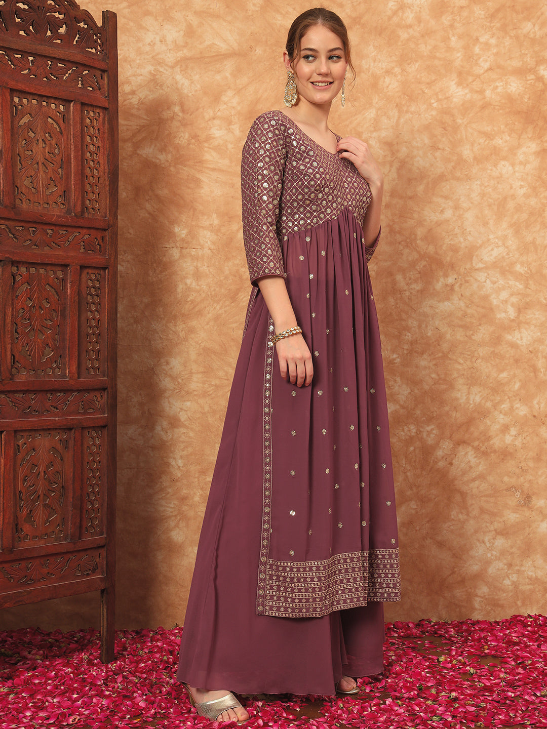 Women's Embroidered Georgette Kurta and Palazzo Set With Dupatta