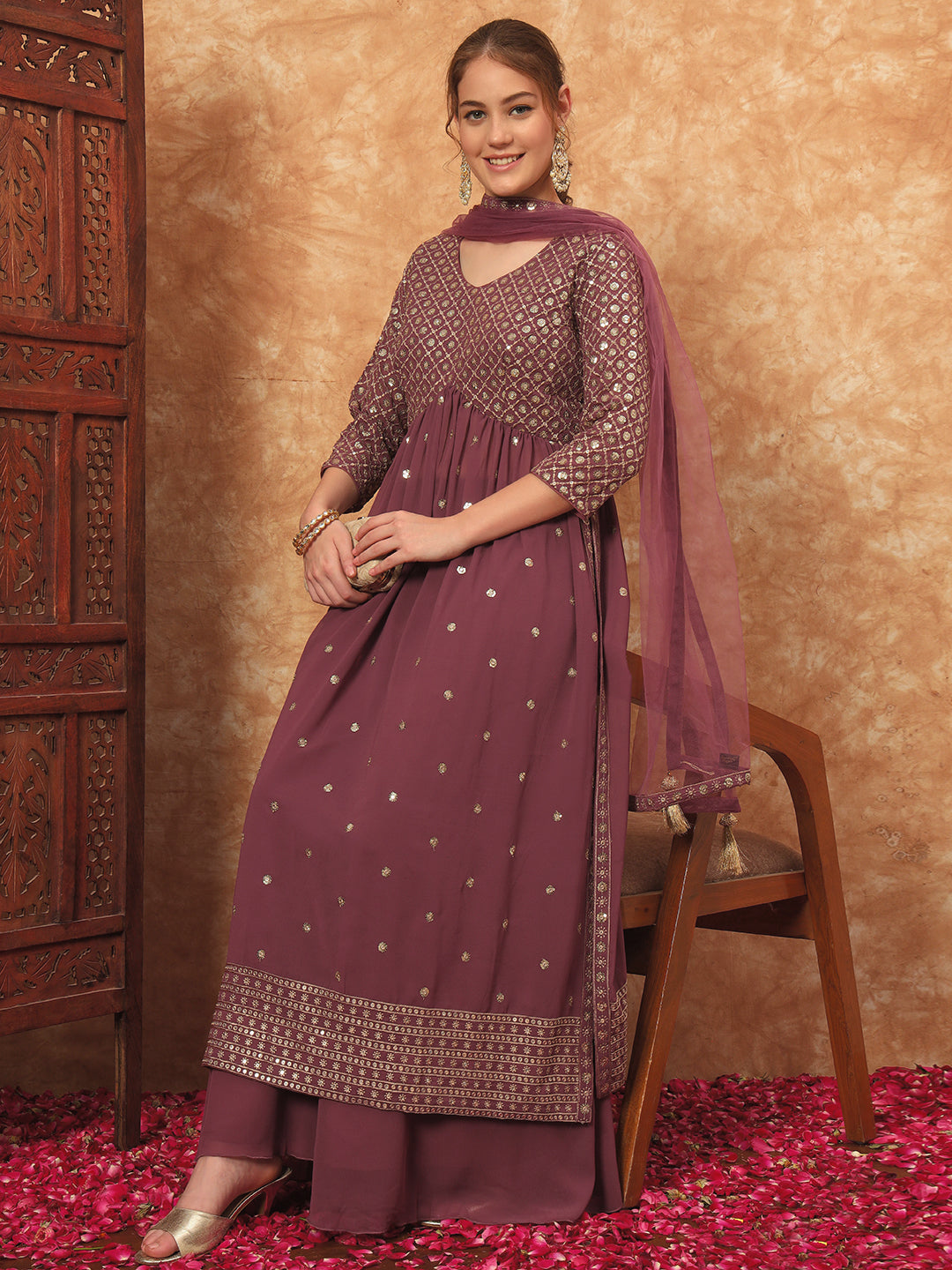Women's Embroidered Georgette Kurta and Palazzo Set With Dupatta