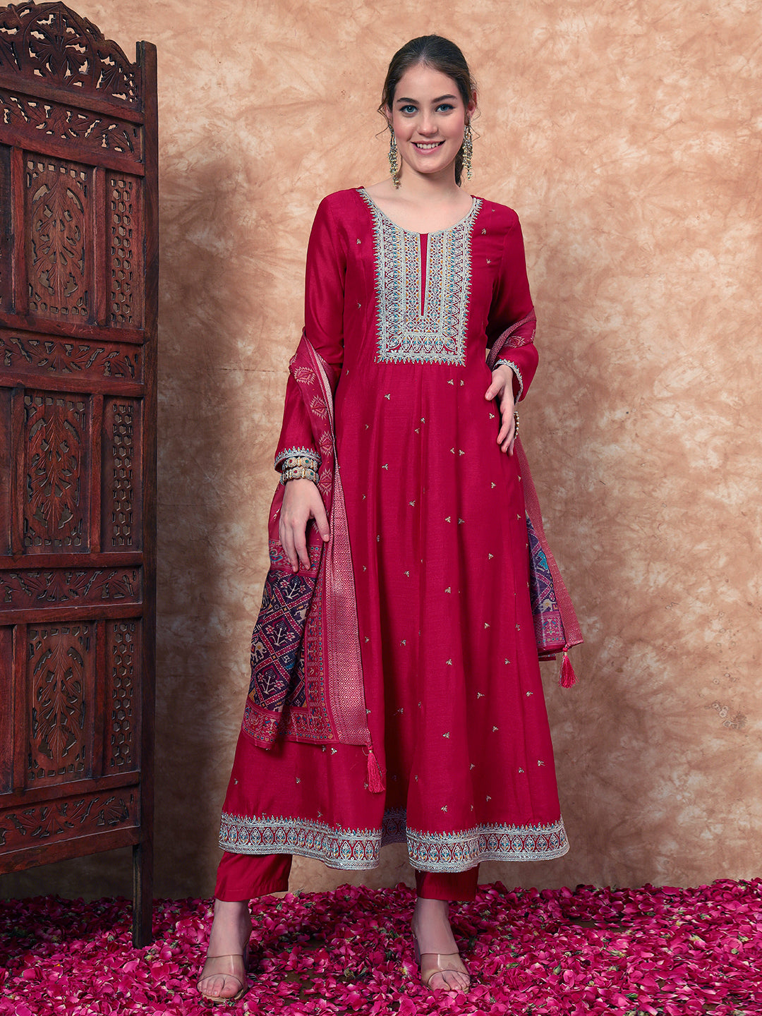 Women's Embroidered Silk Kurta, Pyjama & Dupatta Set