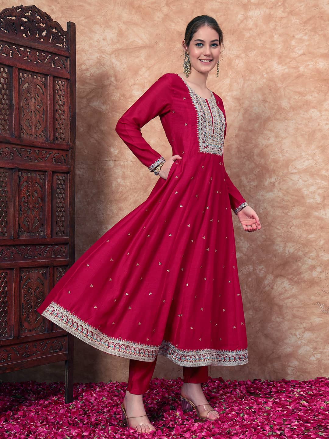 Women's Embroidered Silk Kurta, Pyjama & Dupatta Set