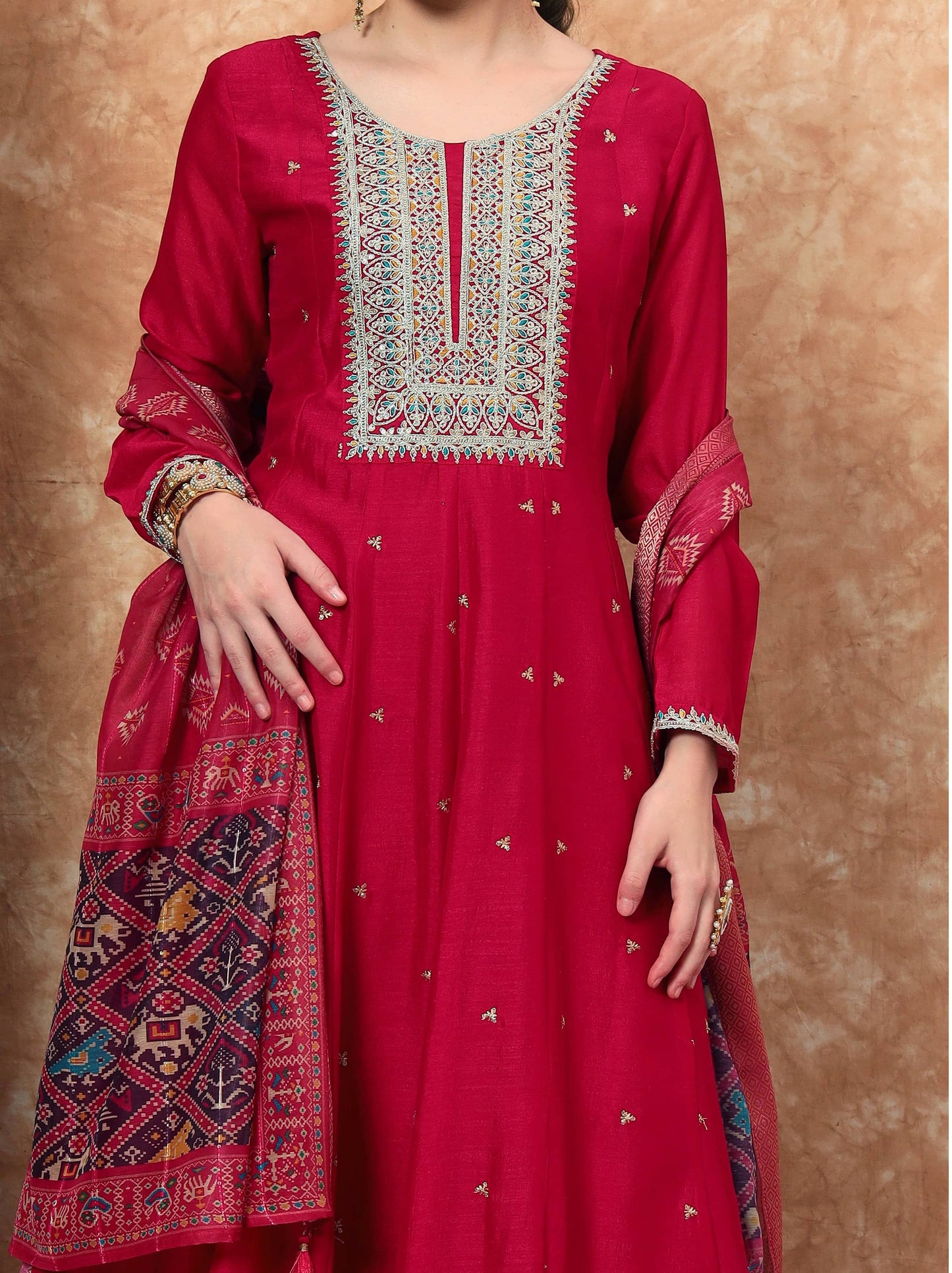 Women's Embroidered Silk Kurta, Pyjama & Dupatta Set