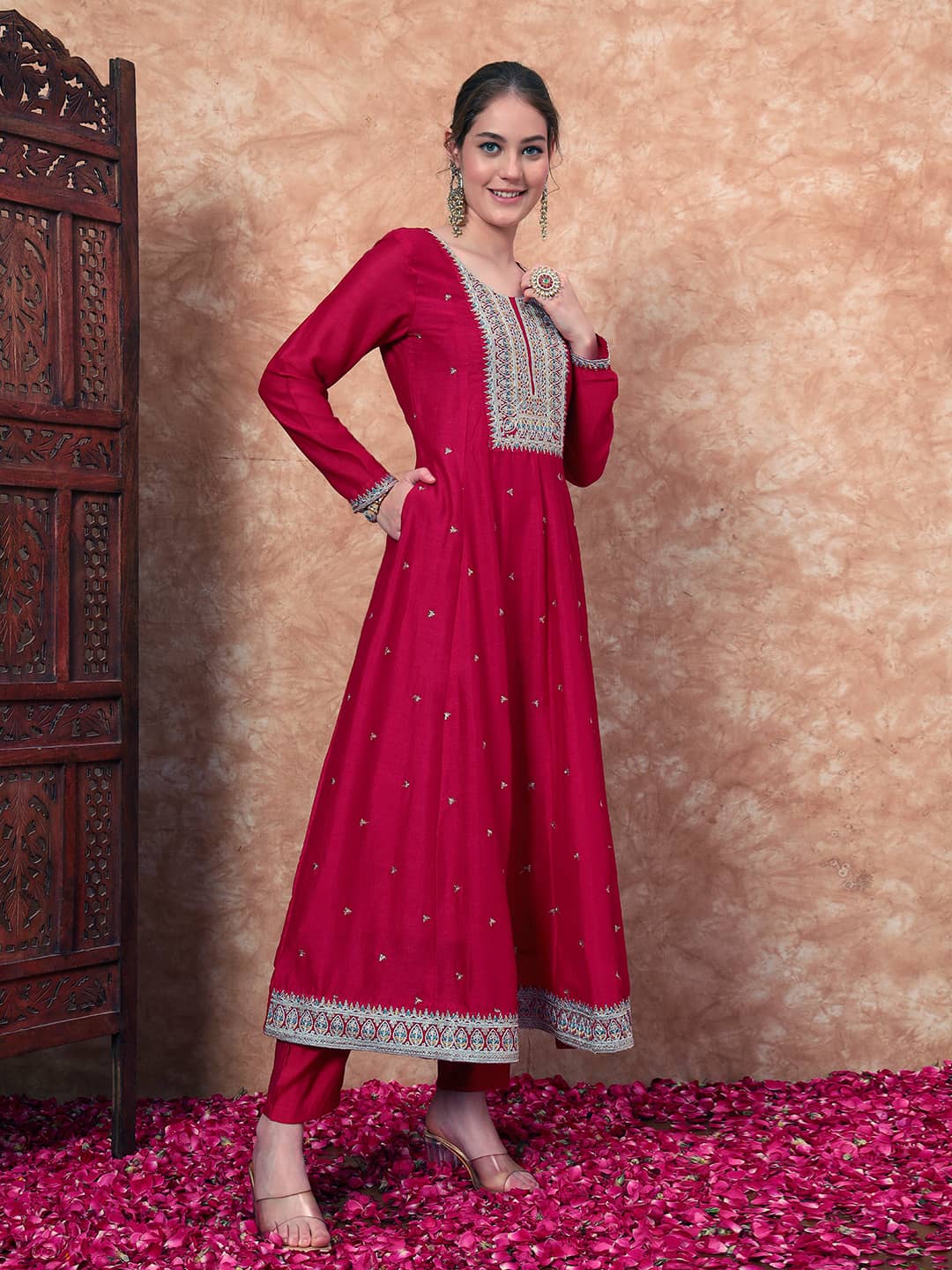 Women's Embroidered Silk Kurta, Pyjama & Dupatta Set