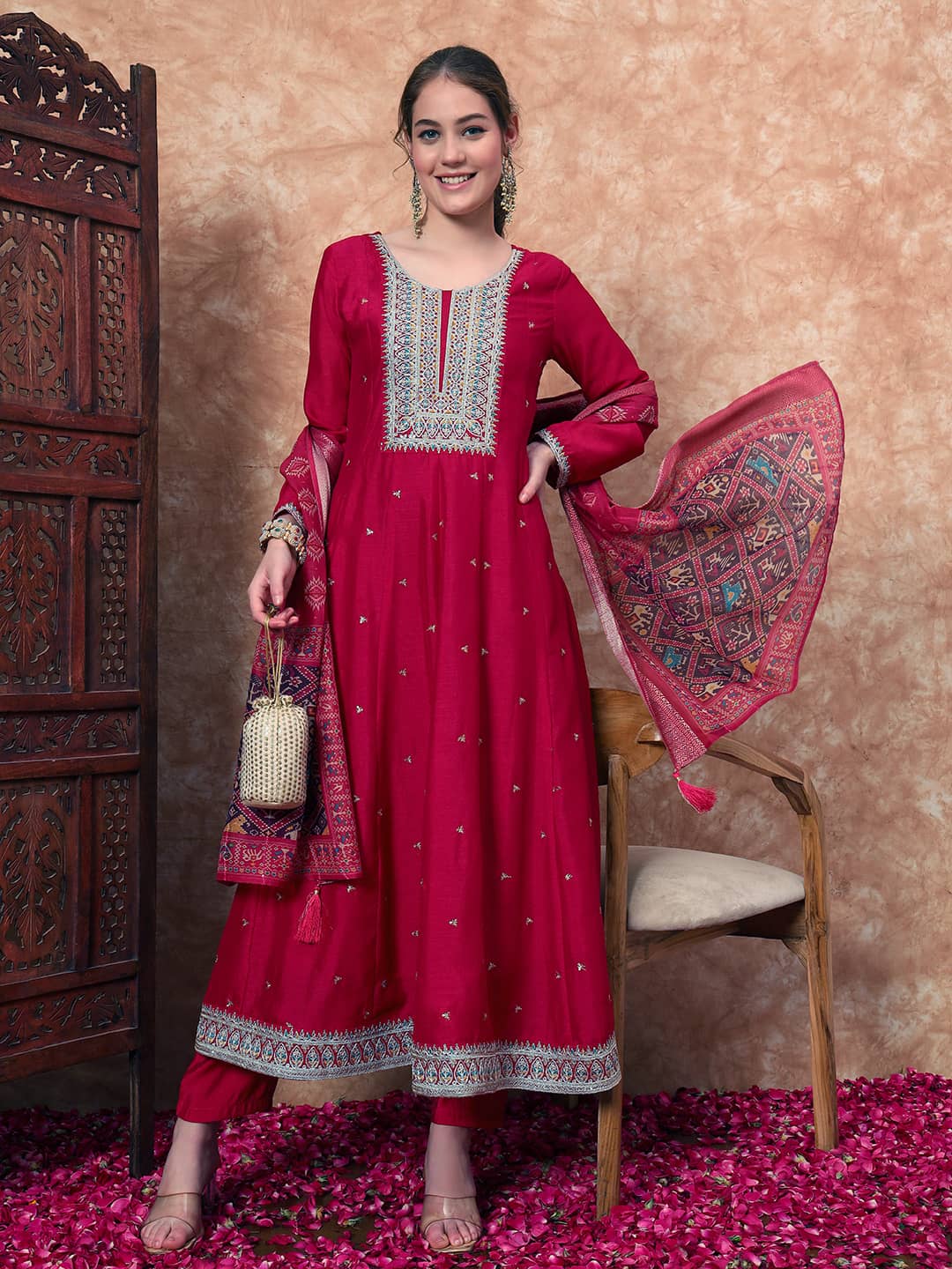 Women's Embroidered Silk Kurta, Pyjama & Dupatta Set