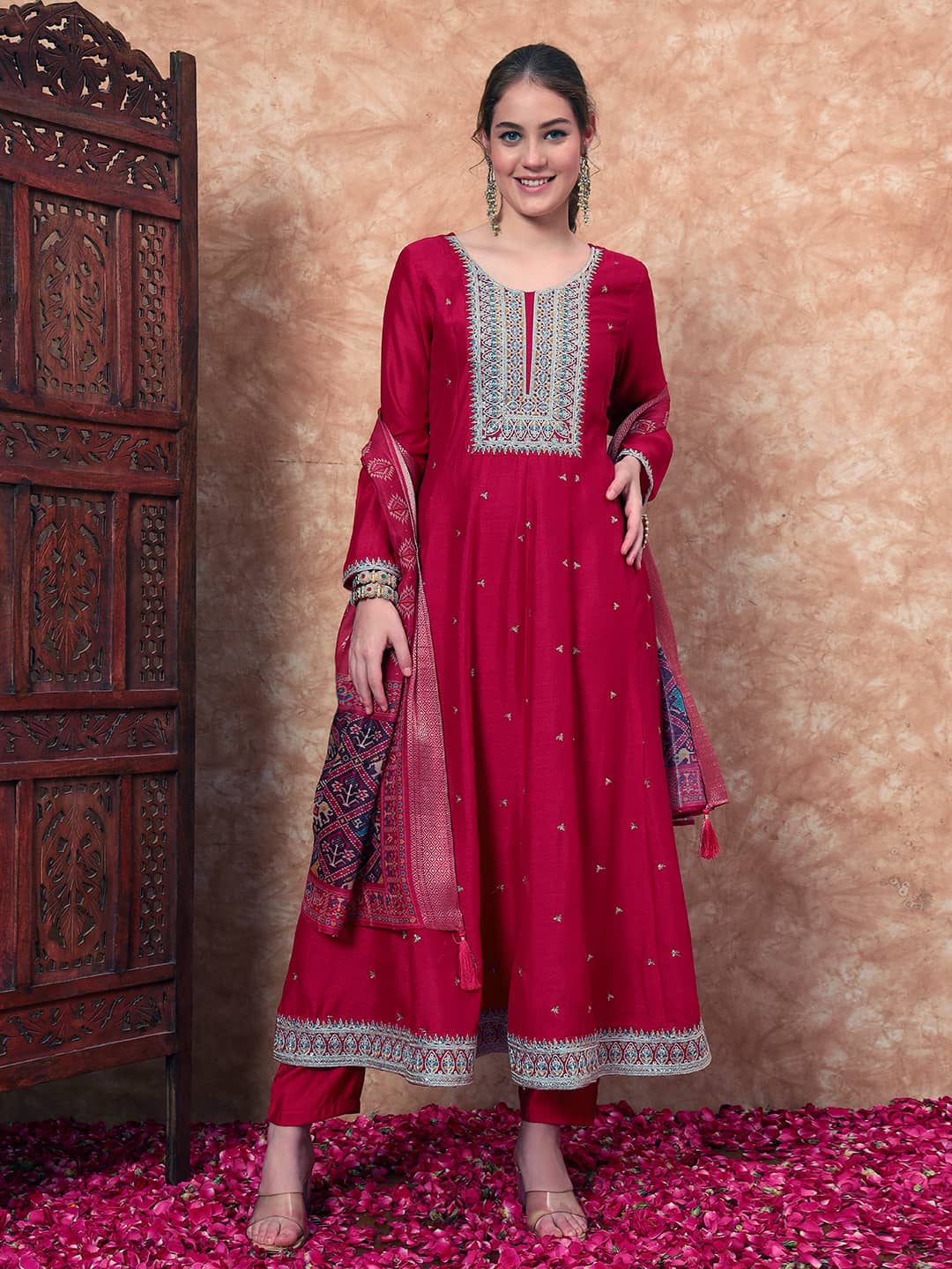 Women's Embroidered Silk Kurta, Pyjama & Dupatta Set