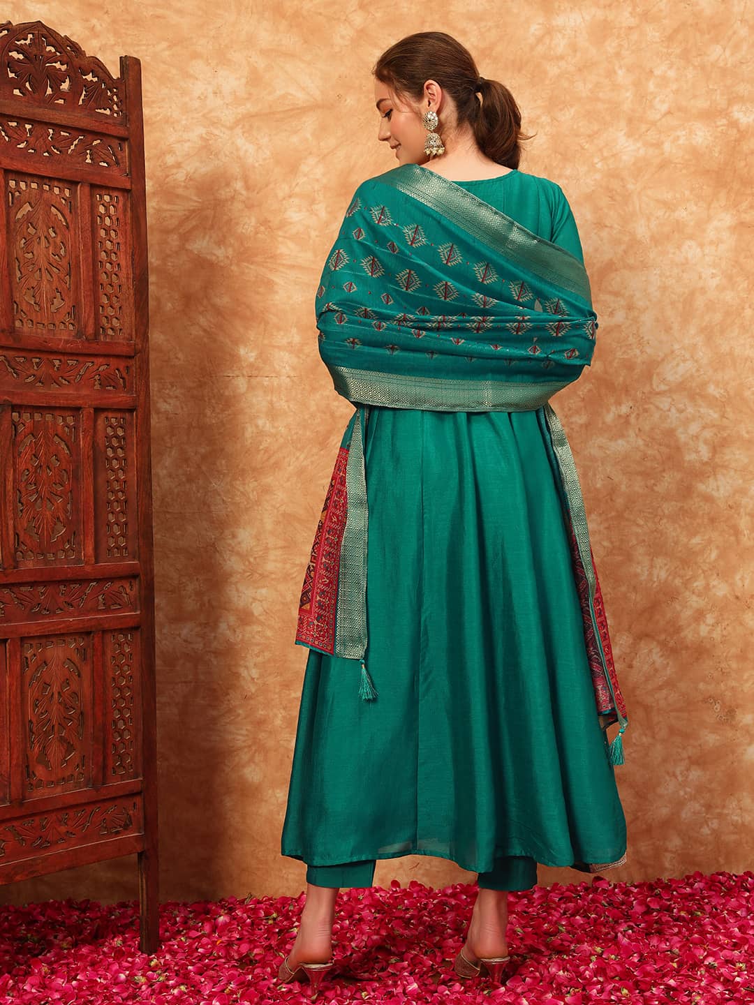 Women's Embroidered Silk Kurta, Pyjama & Dupatta Set